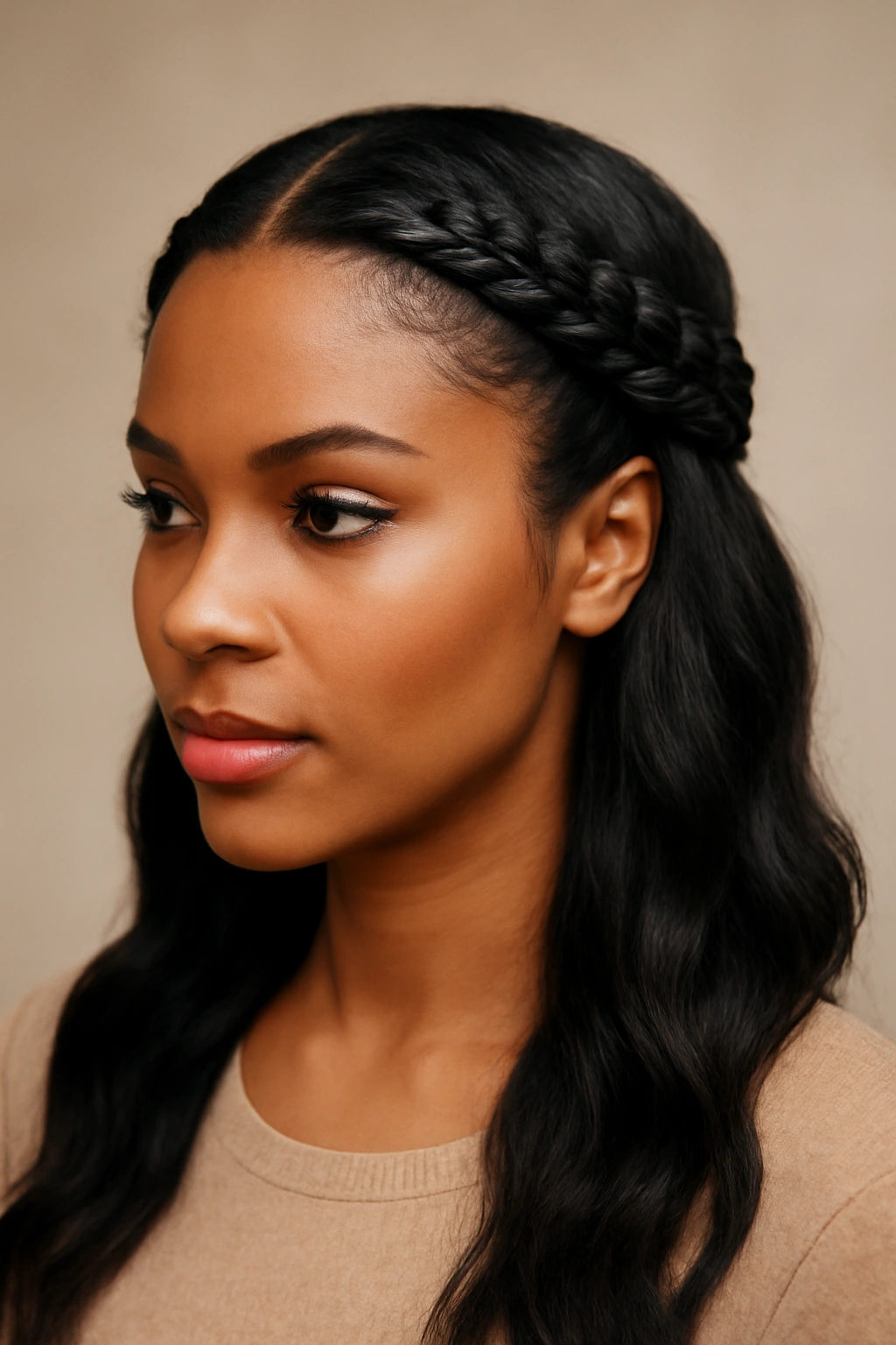 Half-Up Crown Braid hairstyle framing the face with a crown braid