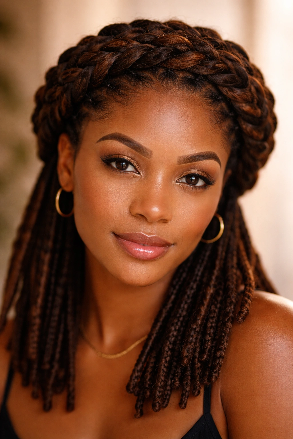 Halo braid encircling head with locs forming a crown