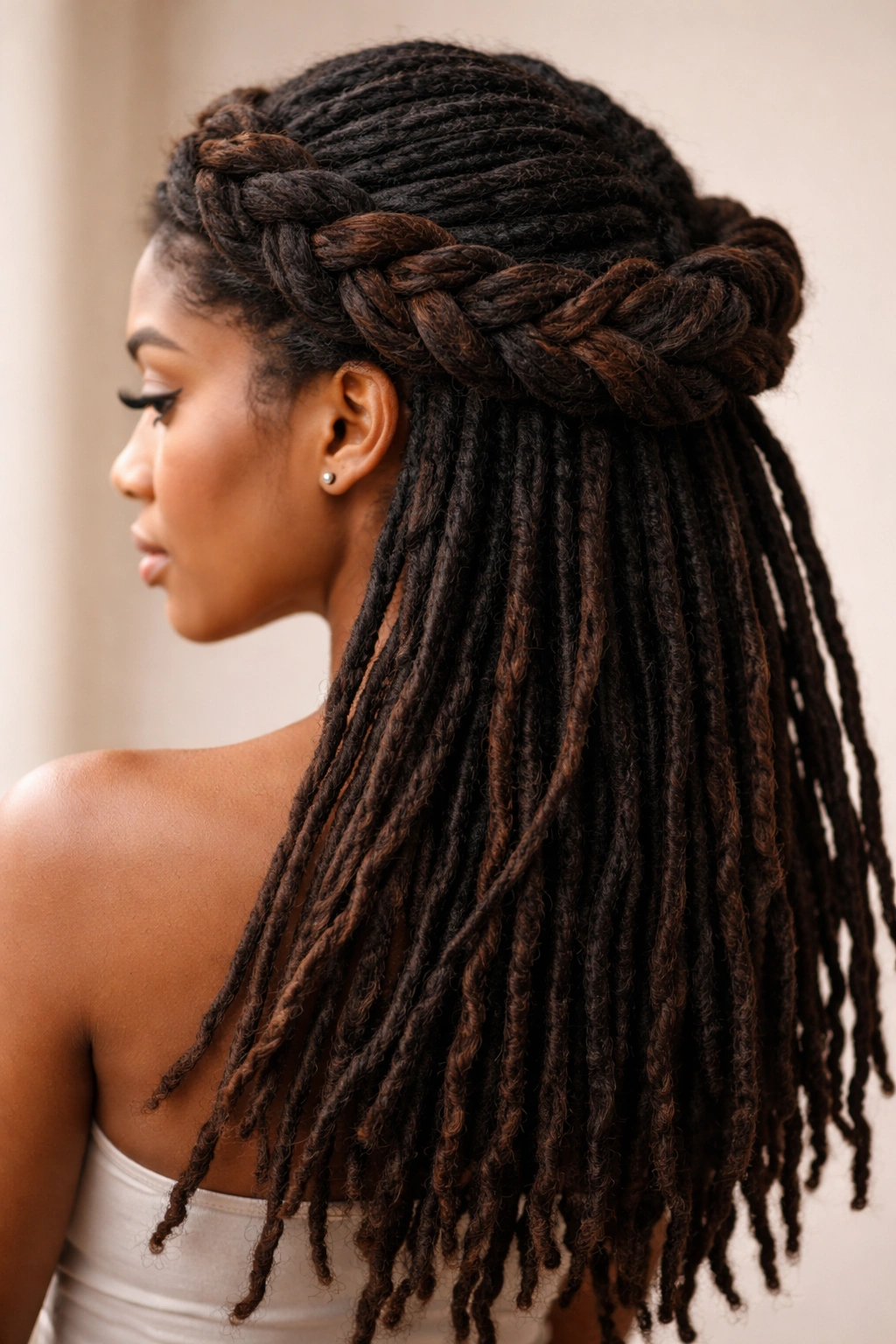 Close-up of a thick crown braid encircling the head with loose locs at the back