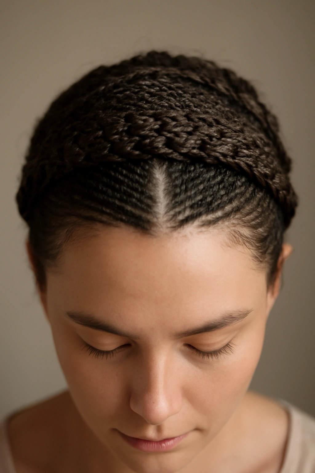 Top-view crown braid made from micro braids across the crown.