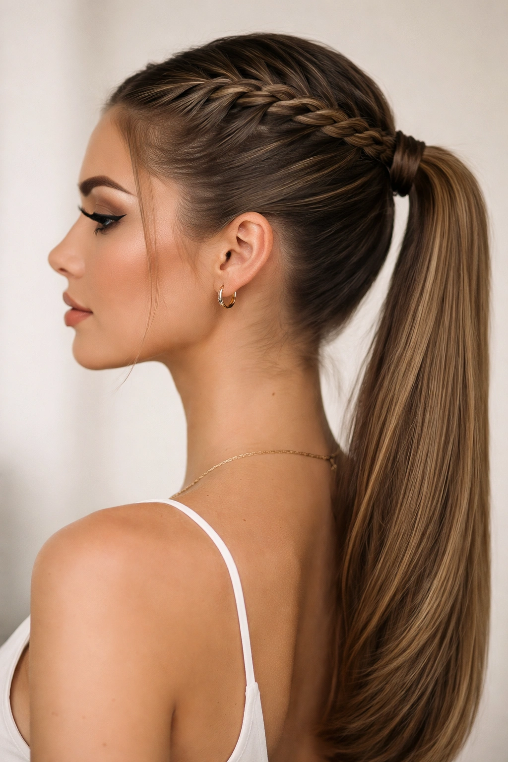 Crown braid transitioning into sleek ponytail with smooth finish