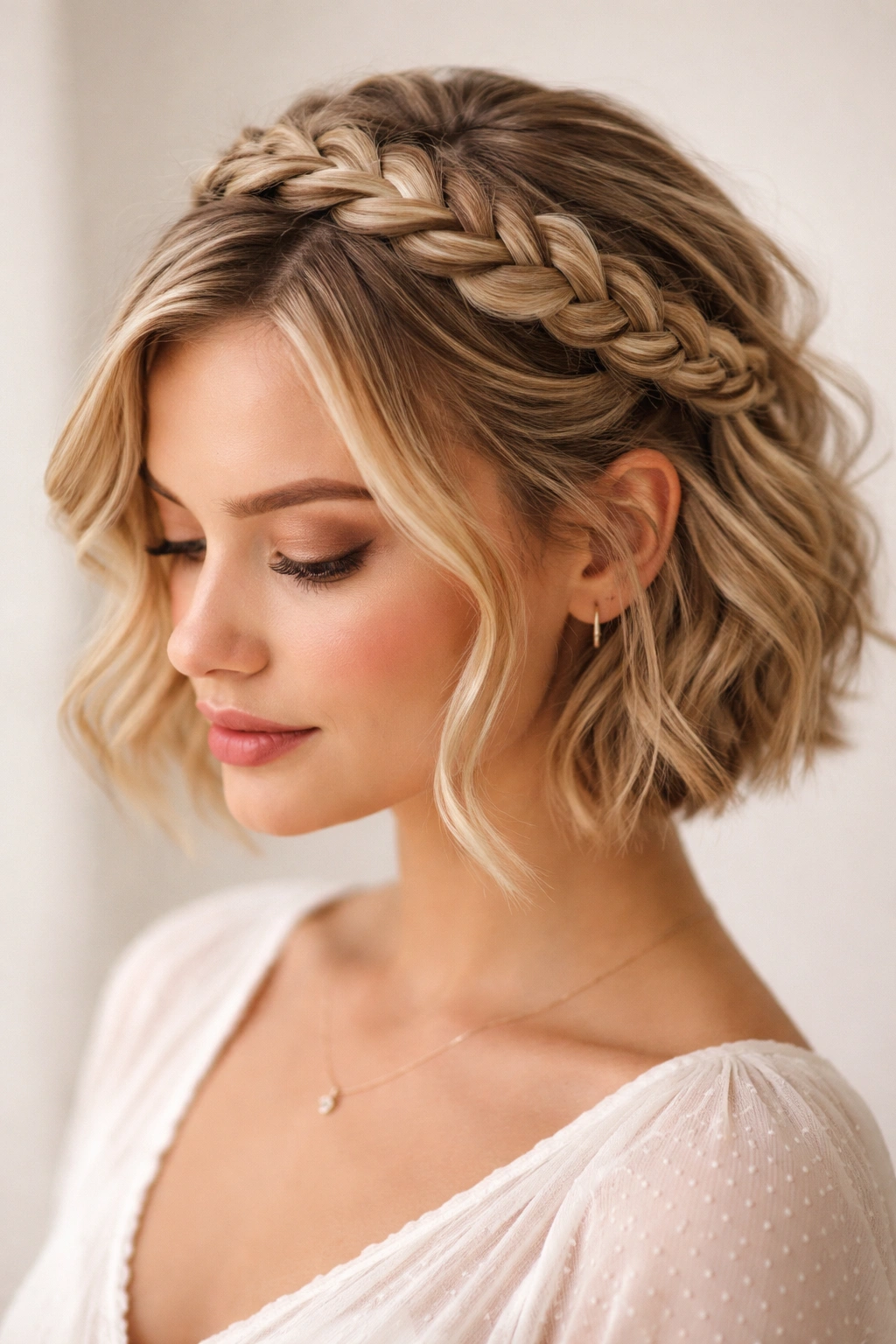 Partial crown braid along the top of the head framing the face on short hair.