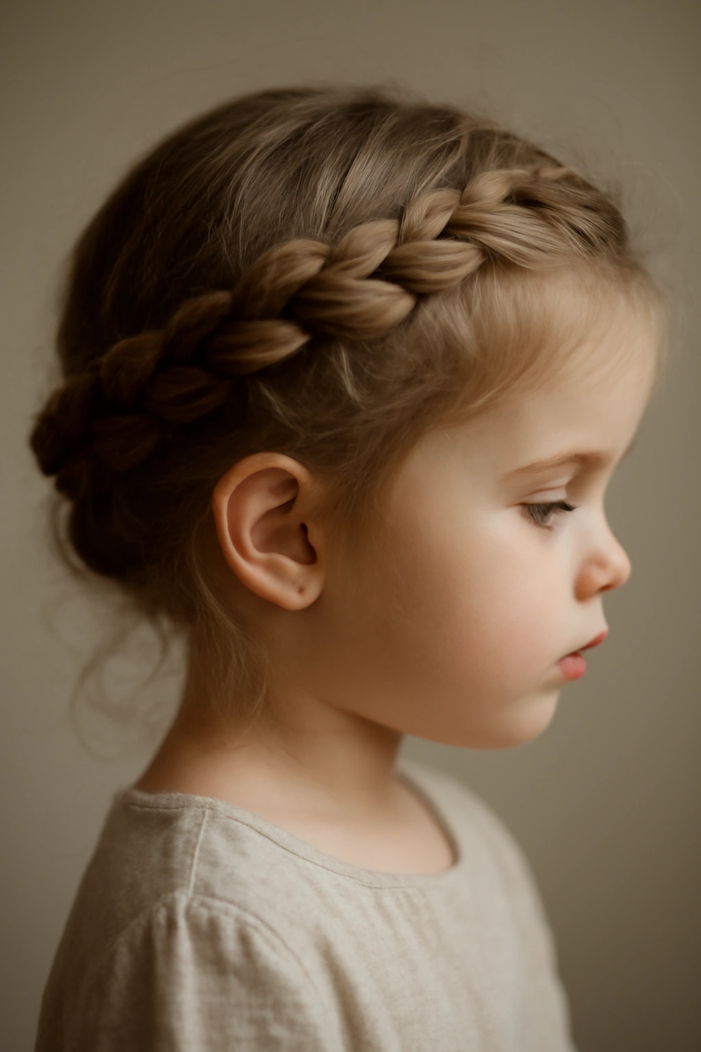 Close-up of a toddler's head showing a crown braid encircling the head