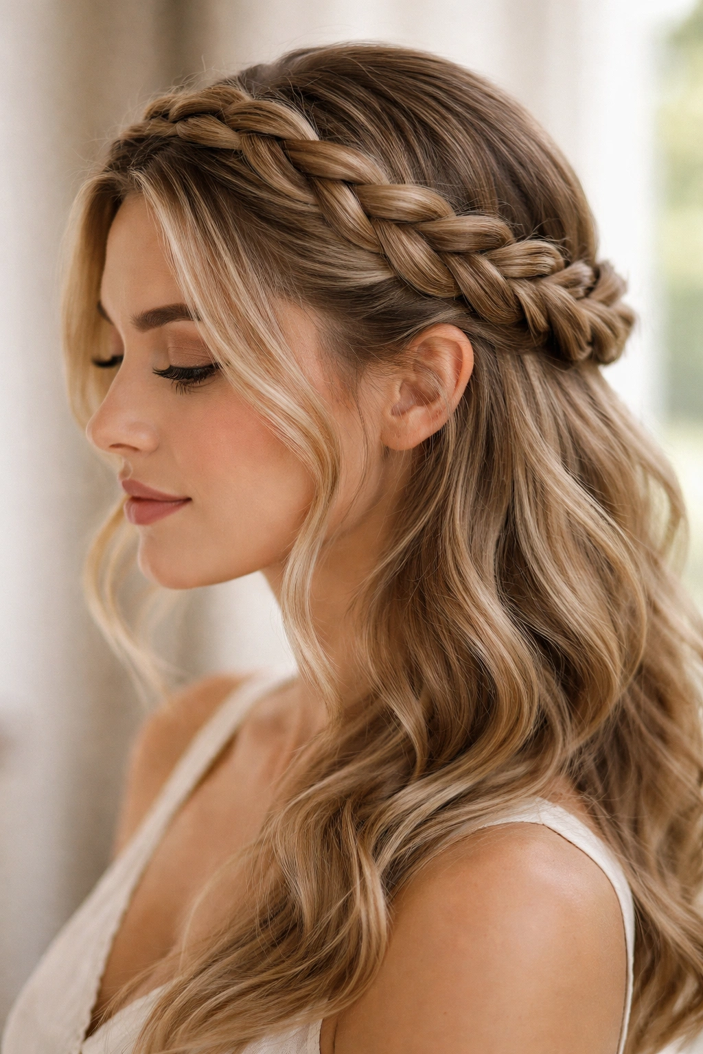 Head featuring a twisted crown braid around the crown for a refined look