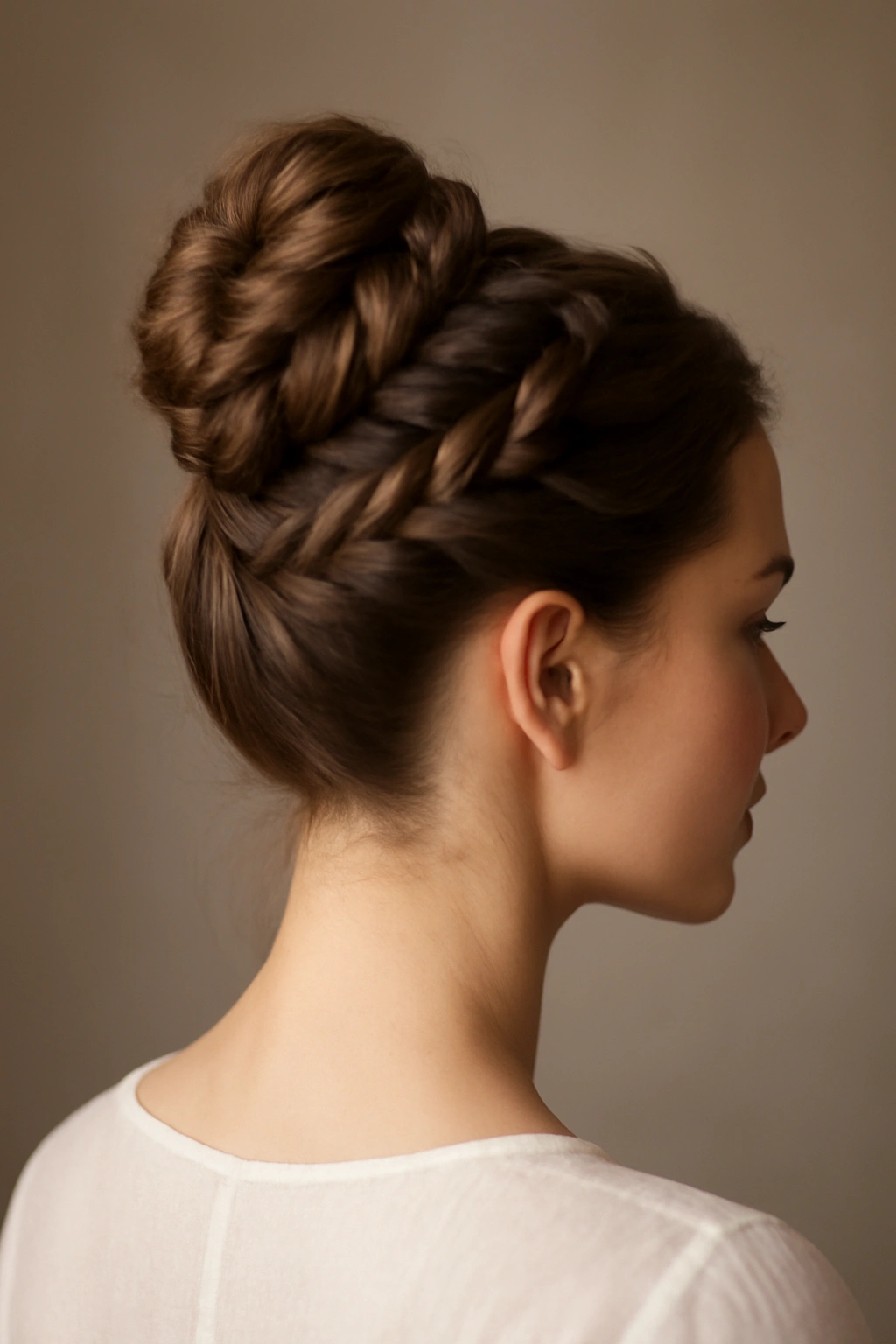 High crown braid updo with braids encircling the crown and a neat bun