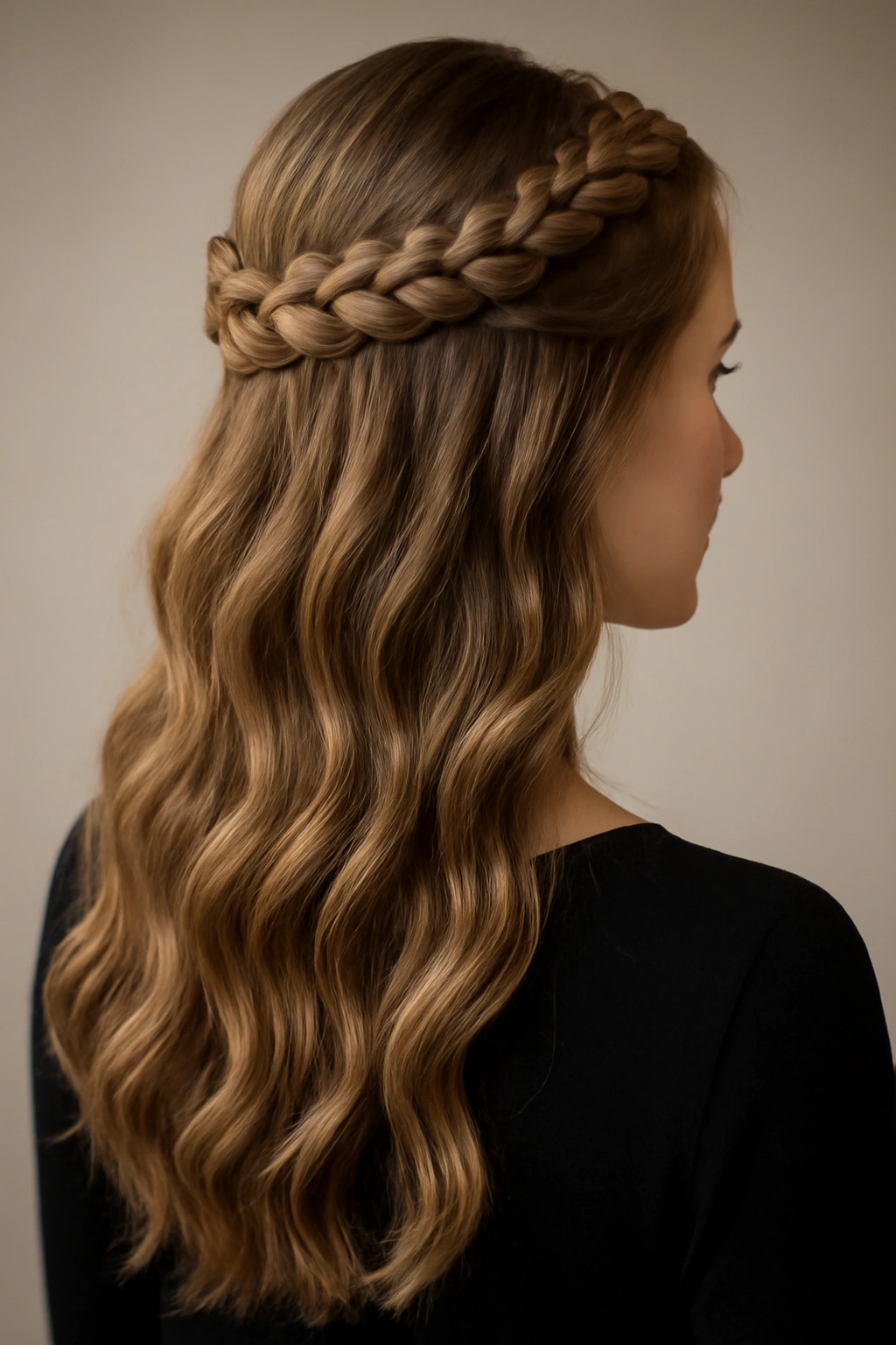 Crown braid with cascading waves on long hair in a formal look