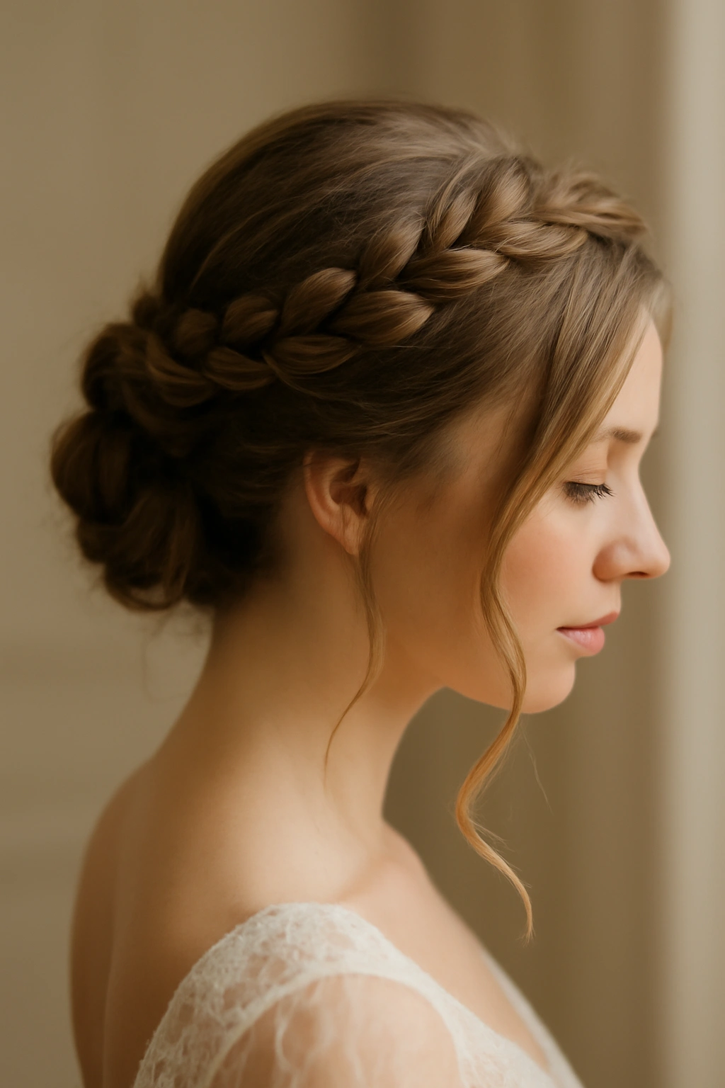 Soft crown braid wrapping around head into a low updo with face-framing pieces