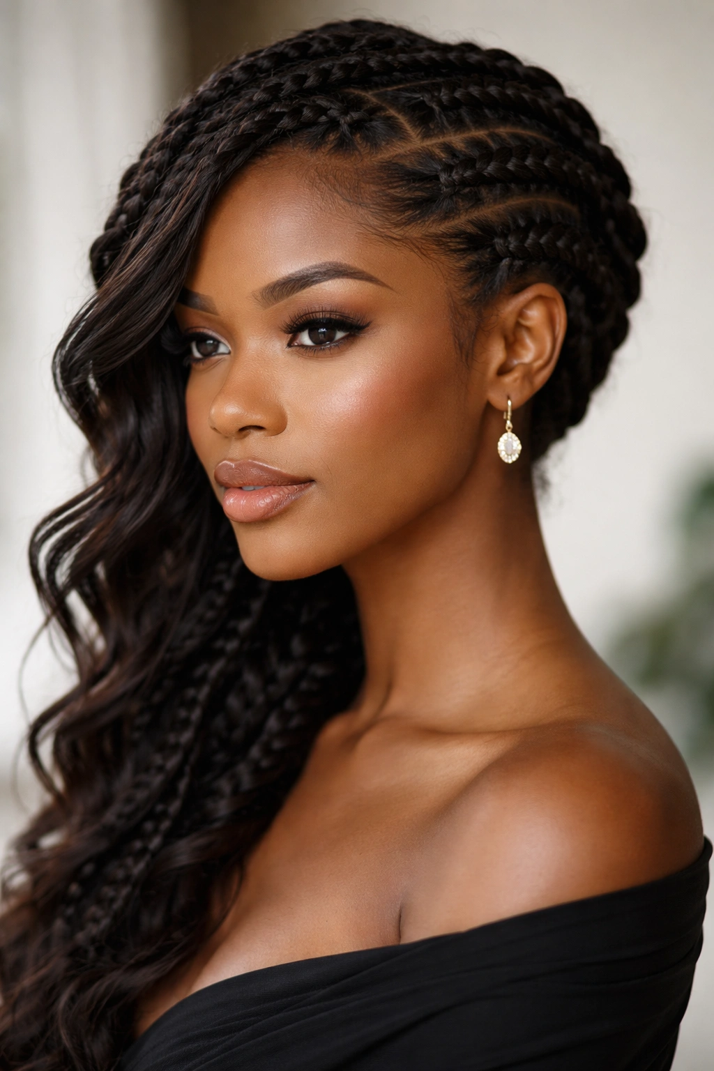 Textured crown braids swept across the crown with side-swept hair