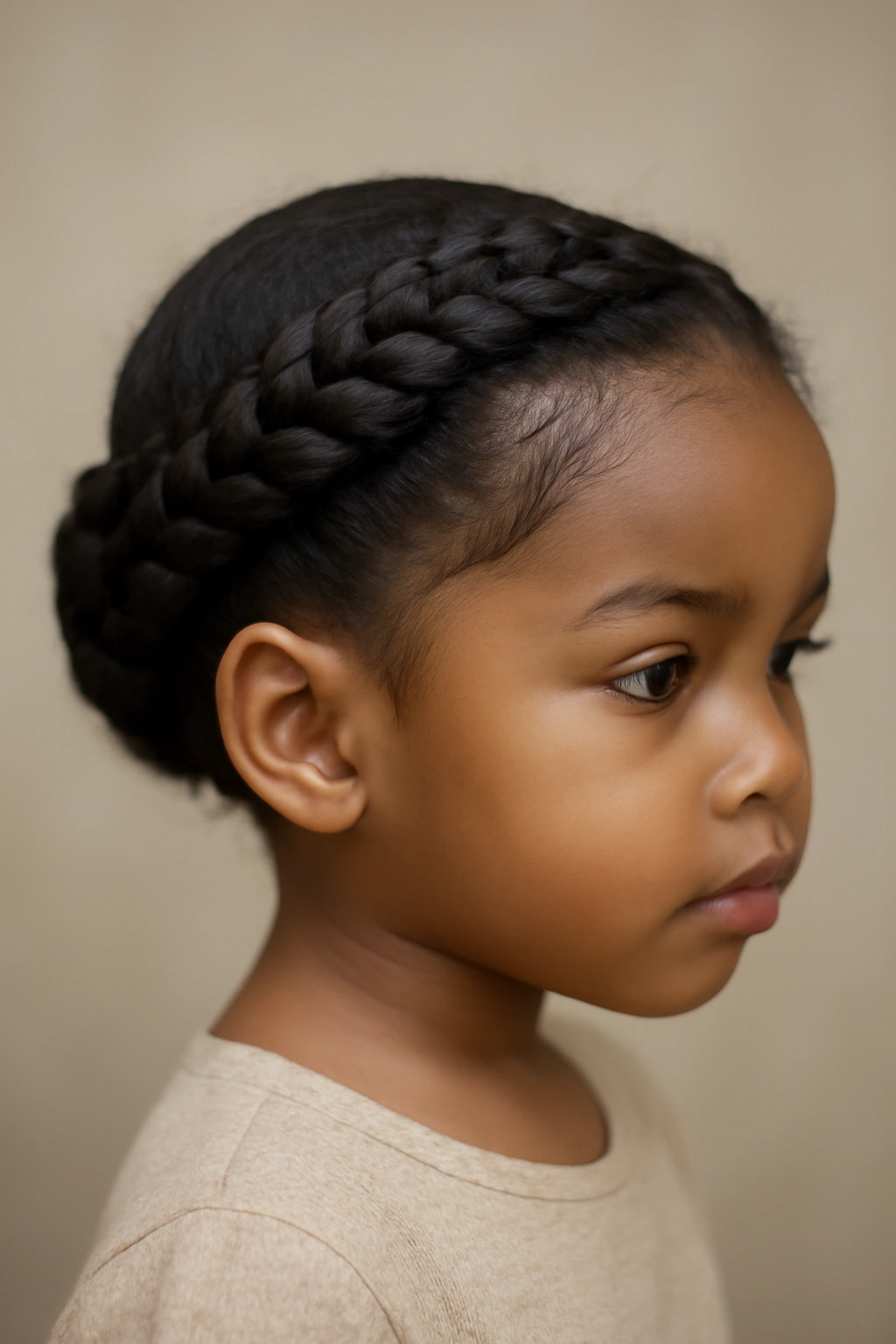 Toddler with crown braids framing the hairline.