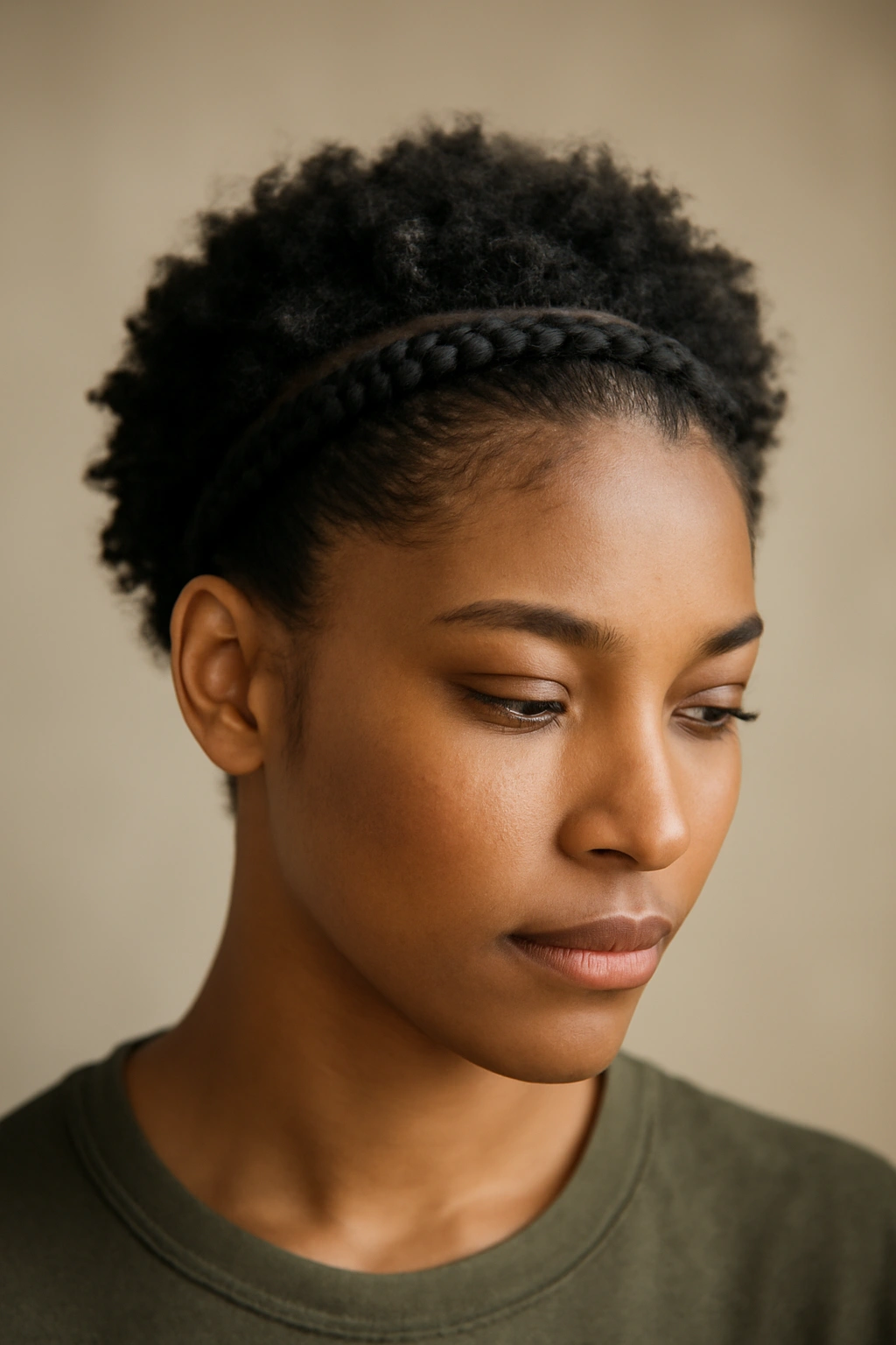 Halo of cornrows around the crown with loose textured hair