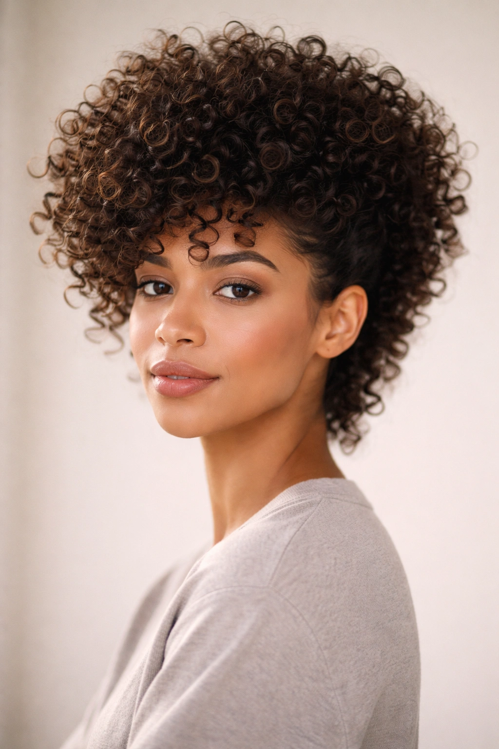 Crown-volume curl cut showing high volume at the top with tapered sides