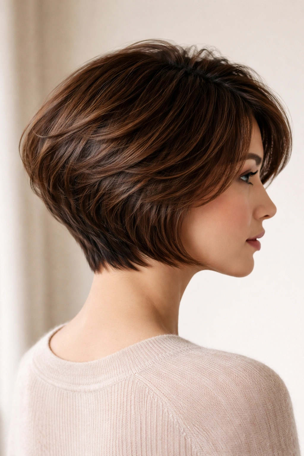 Chin-length crown-layered bob with voluminous crown and tapered back.