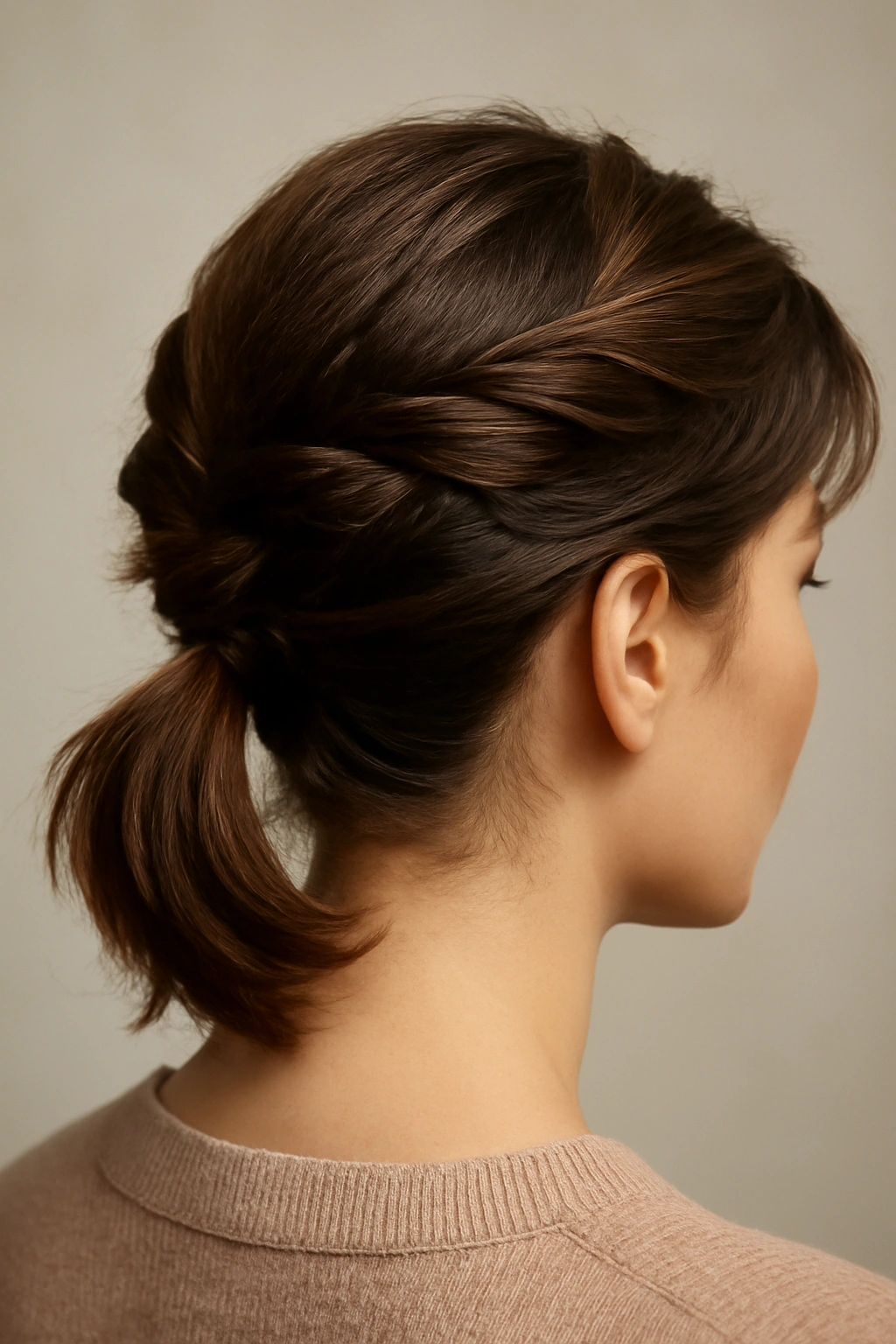 Crown twist at the crown leading to a secure low ponytail