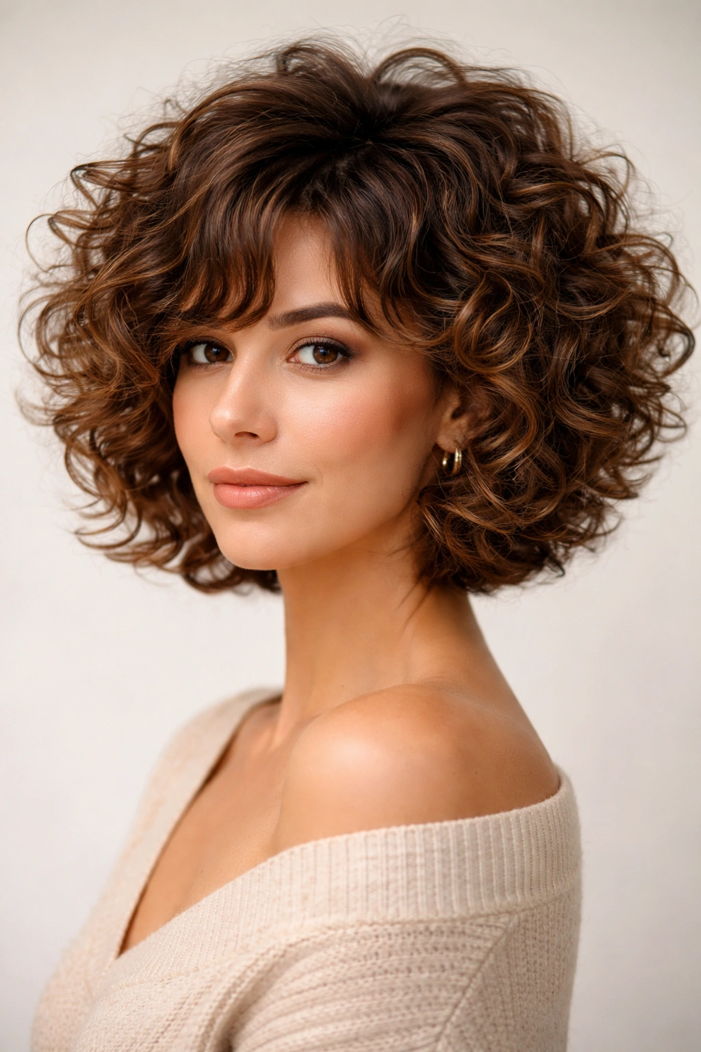 Curls piled at the crown with stacked choppy layers creating crown volume