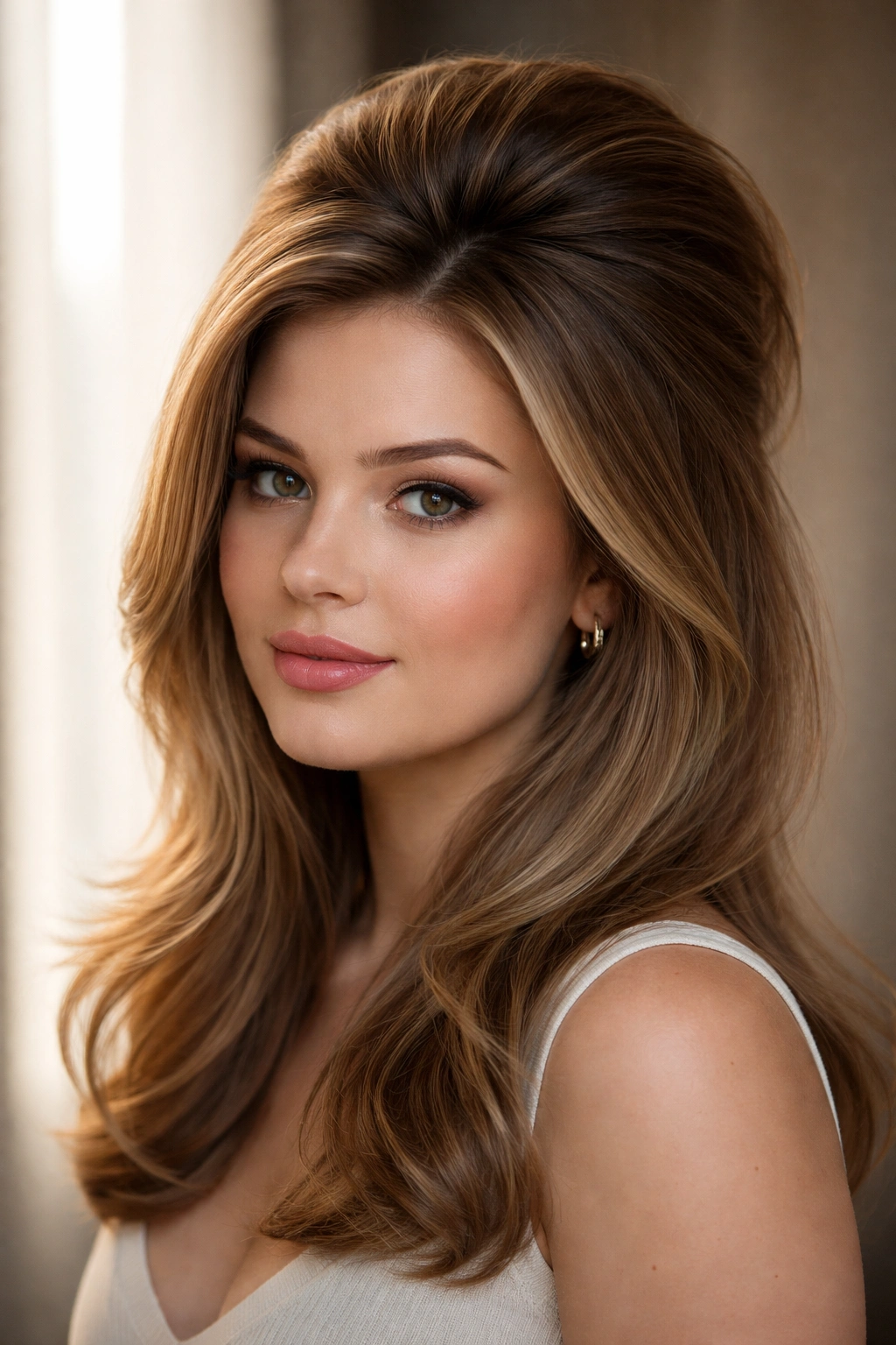 Hair with high volume at the crown and smooth sides