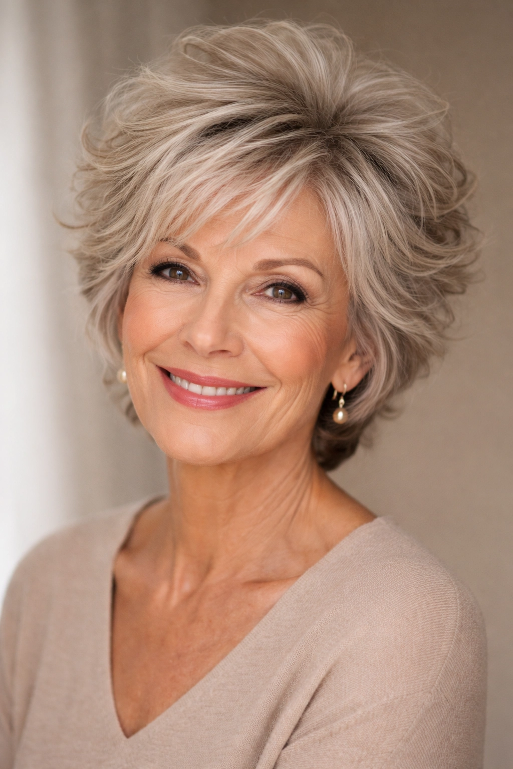 Mature woman with crown-volume tousled layers hairstyle