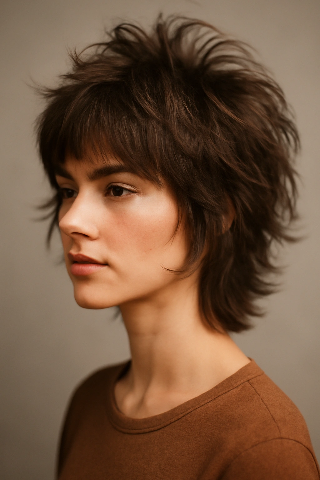 Model's shag hairstyle with pronounced crown volume and lift
