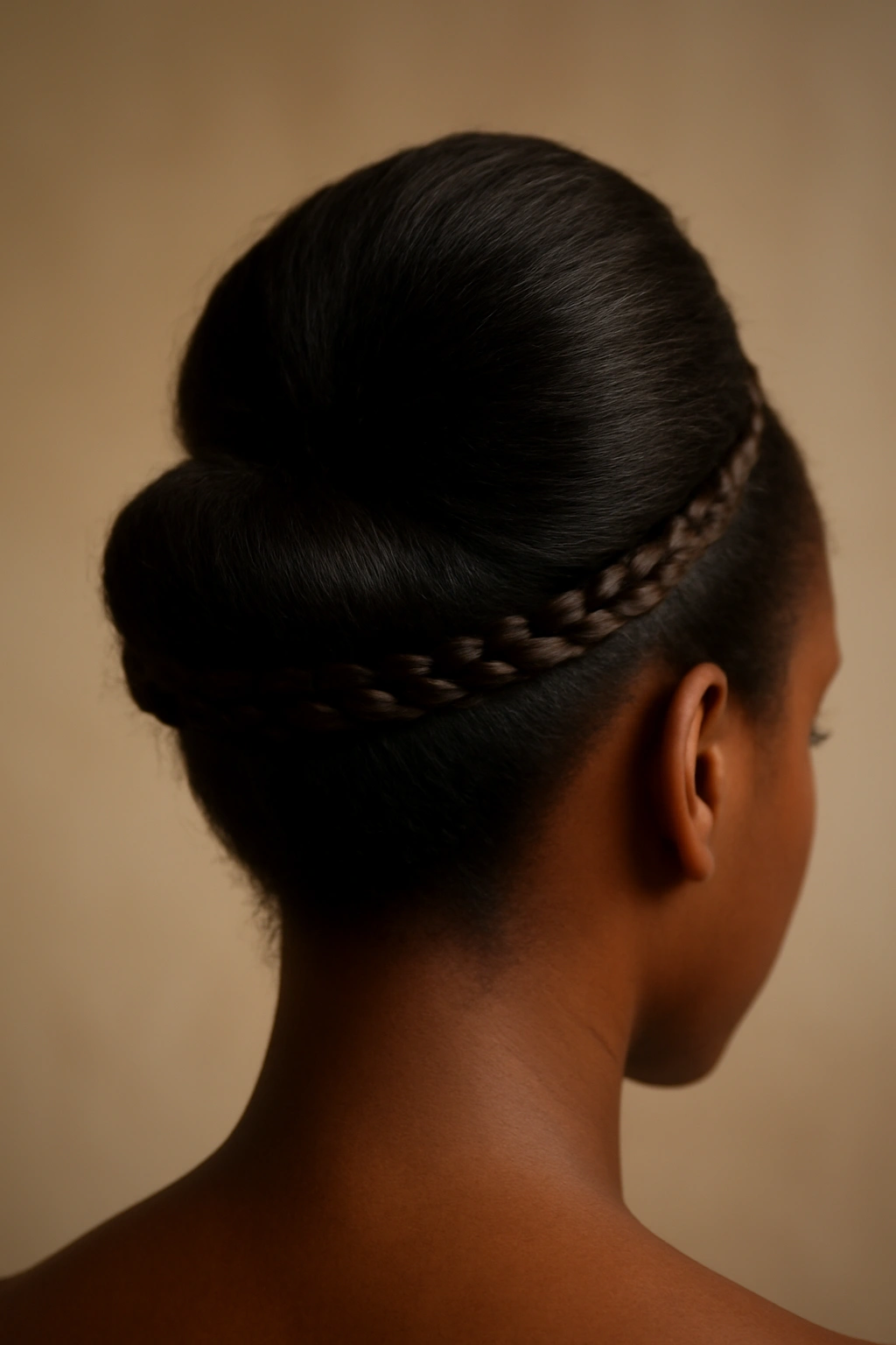 French roll with a crown wrap braided around the base, elegant and elevated