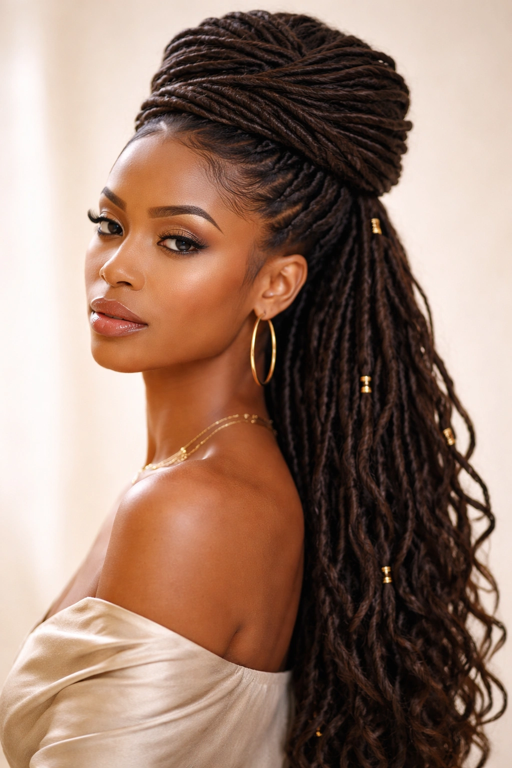 Crown-wrapped locs around the head forming a crown silhouette