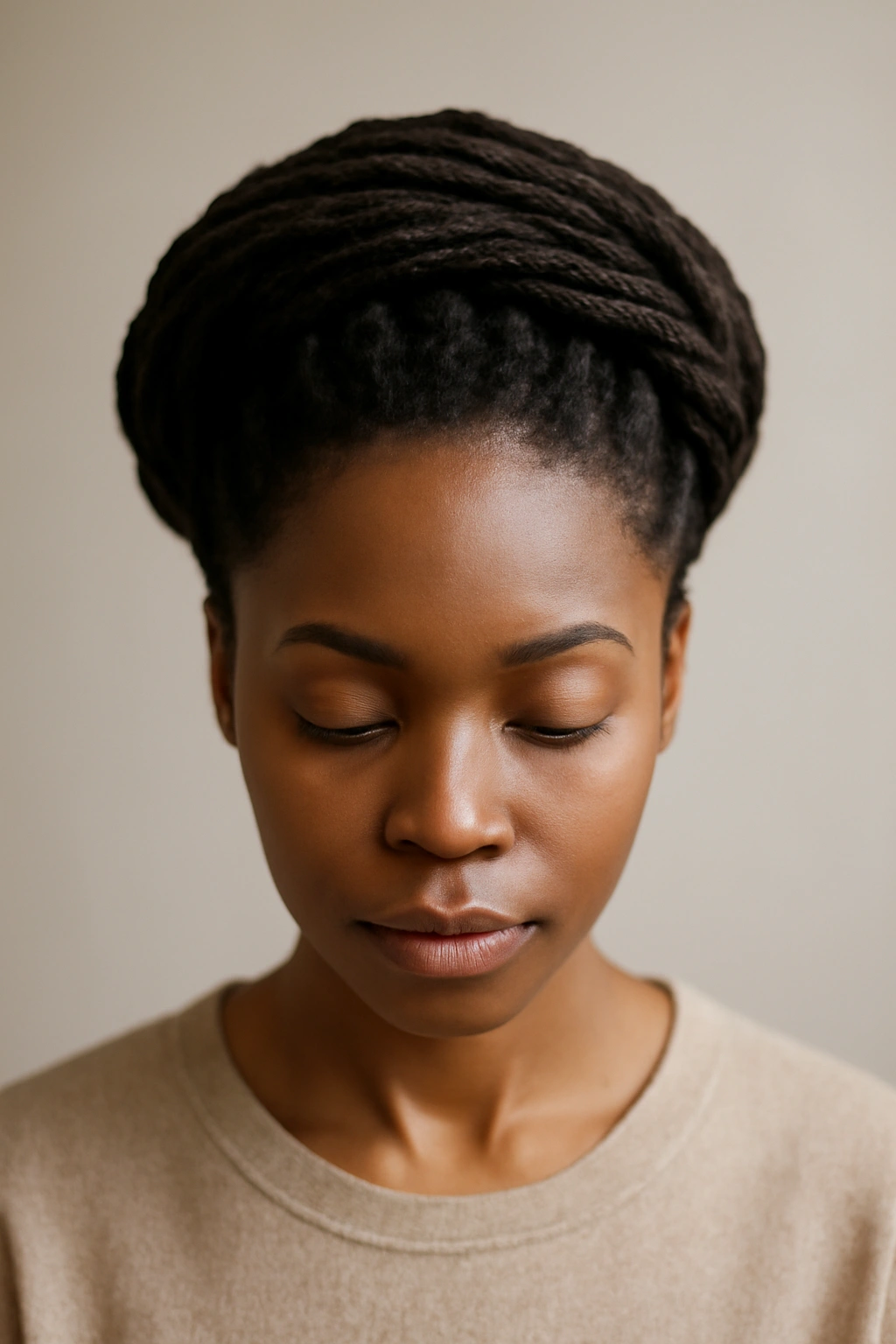 Crown-wrapped locs forming a halo around the head