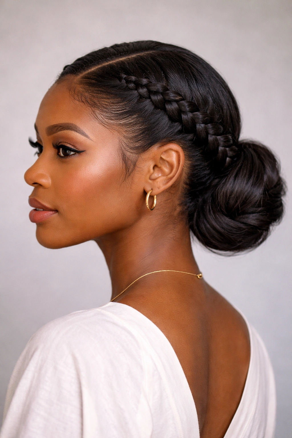 Crown braid around the head transitioning into a low bun in a pushback hybrid