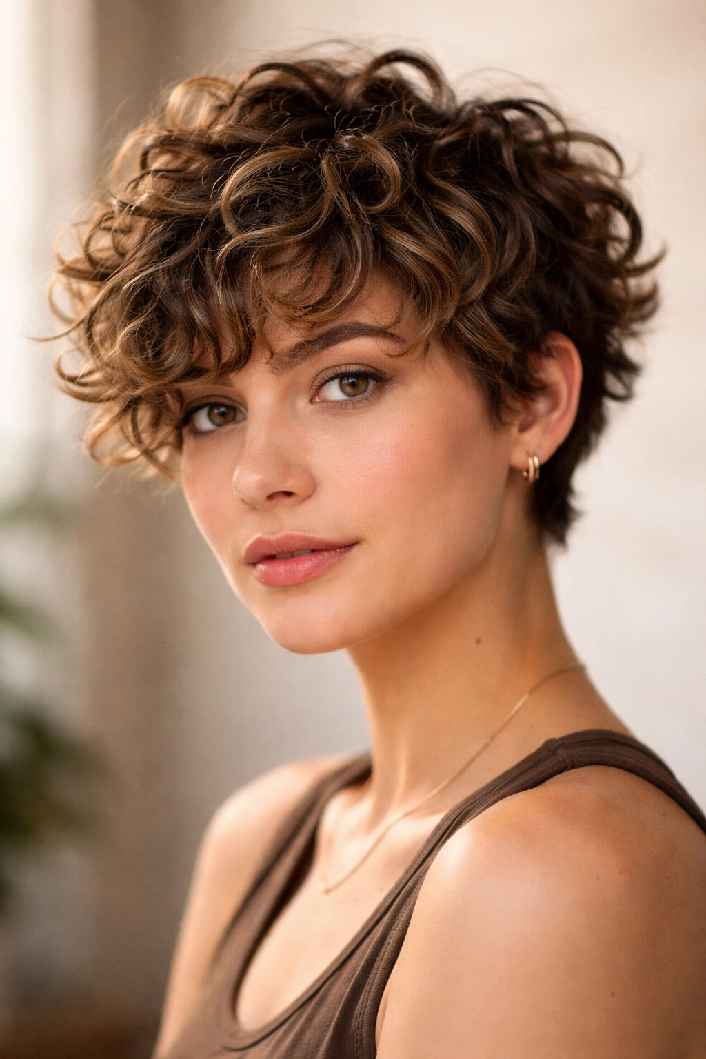 Close-up of short curly haircut with layered curls and texture