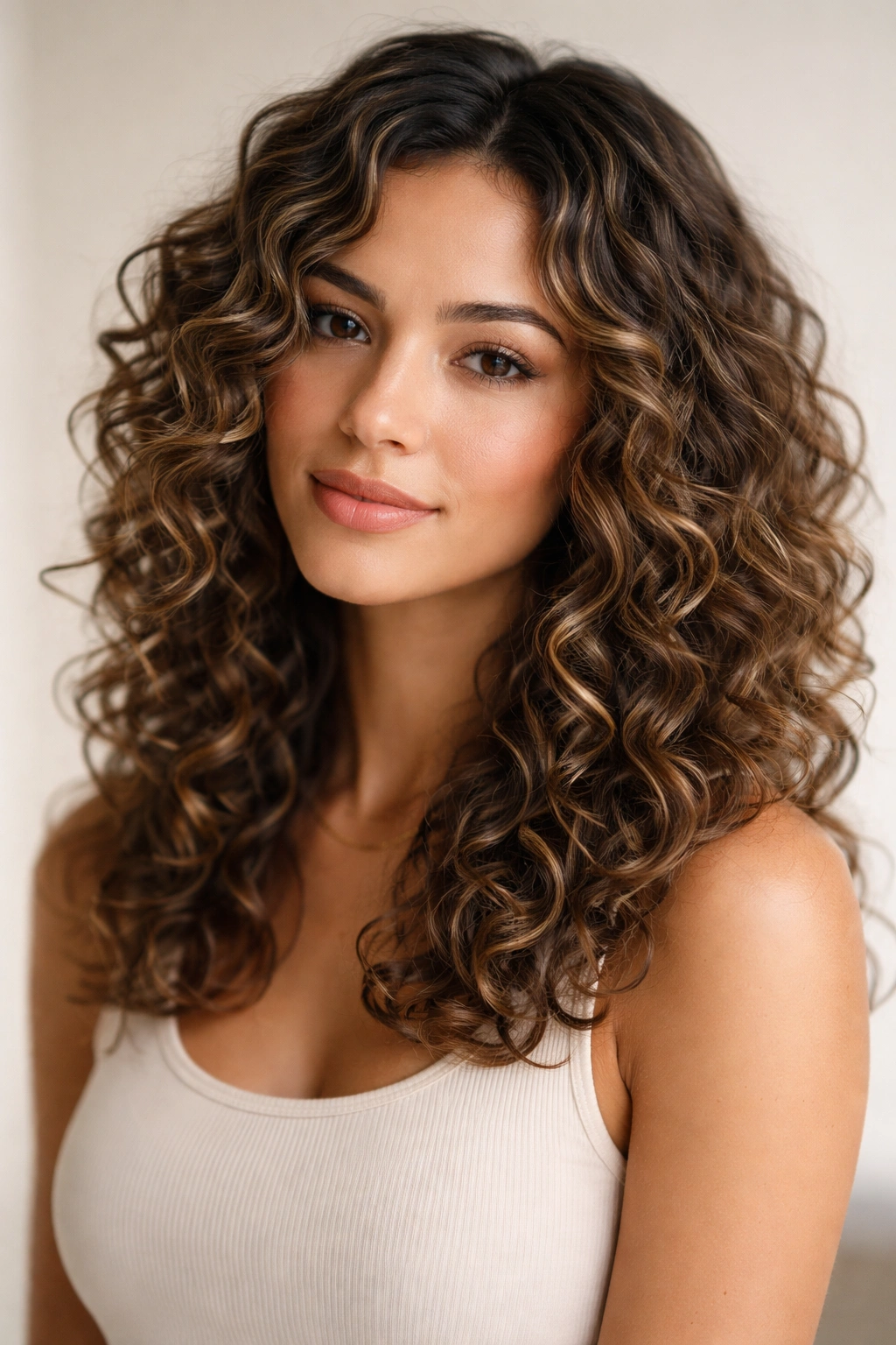 Shoulder-length curly hair with face-framing layers and defined curls
