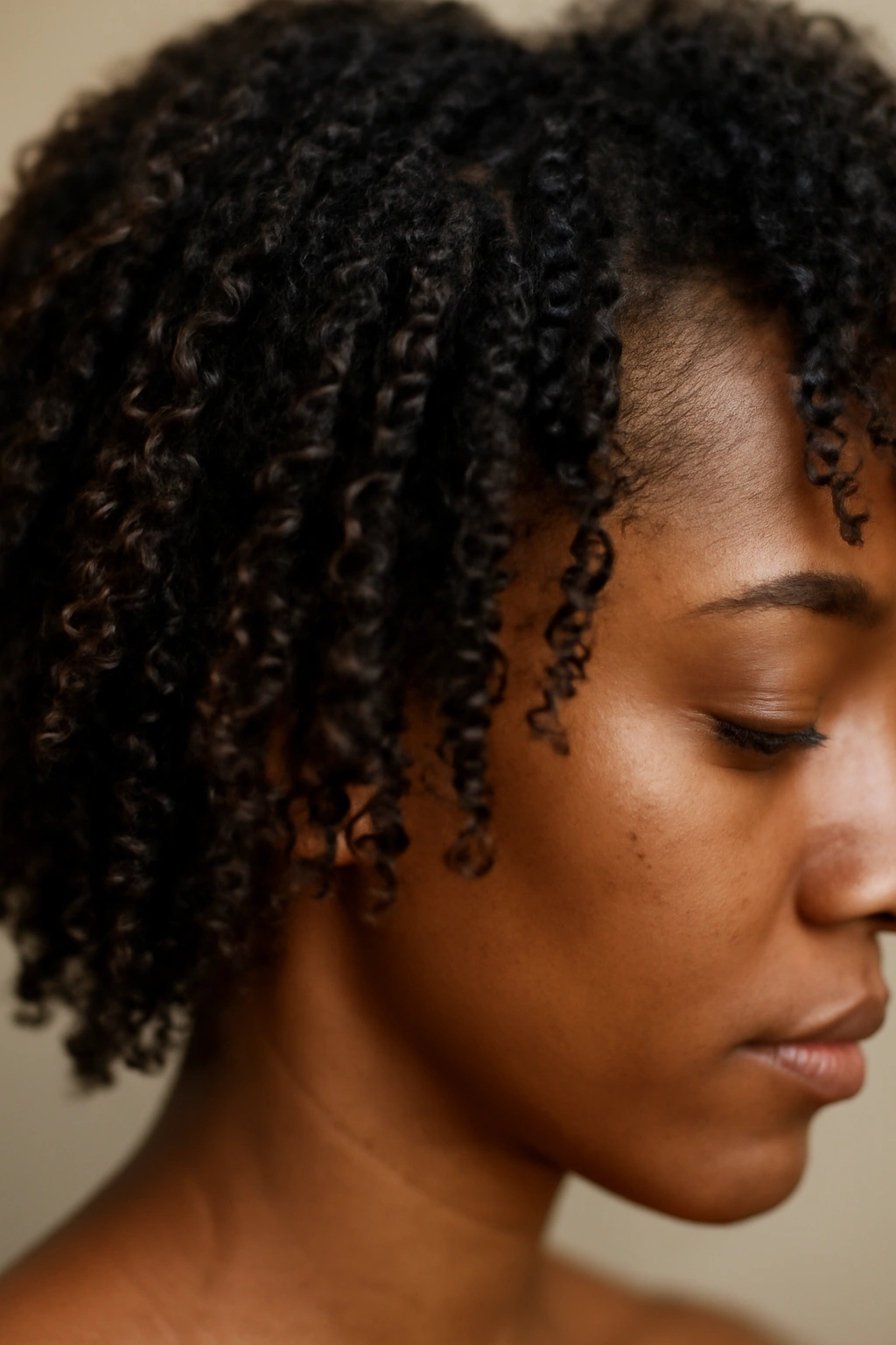 Close-up of natural curls displaying curl pattern and density in neutral studio lighting