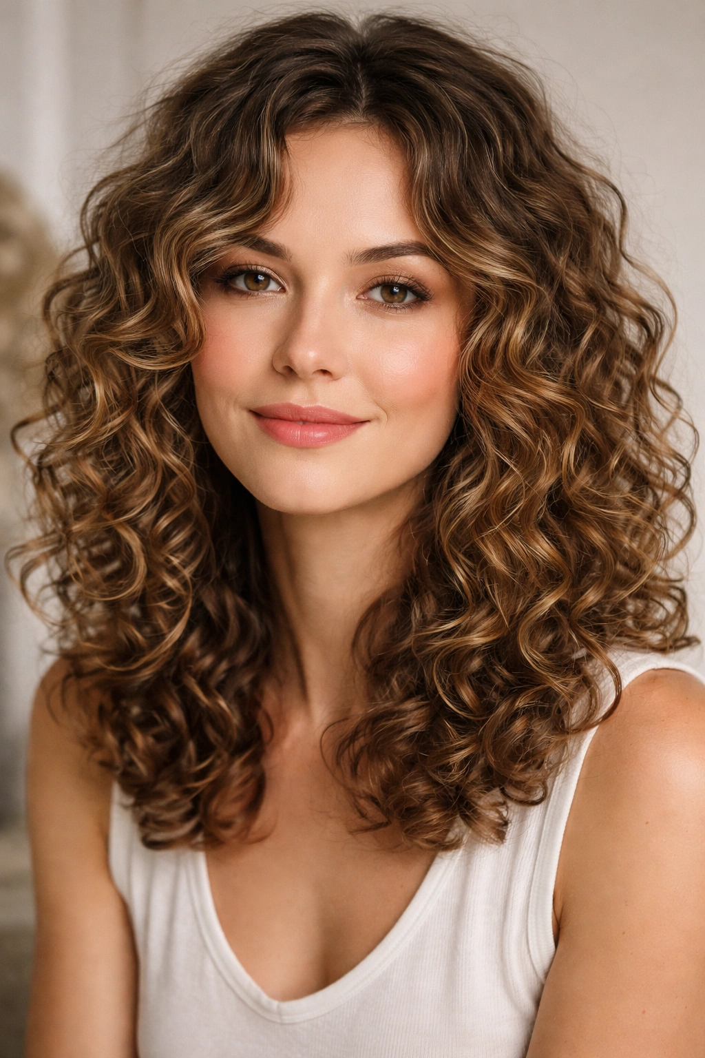 Close-up of medium-length curly hair with defined texture and layered curls