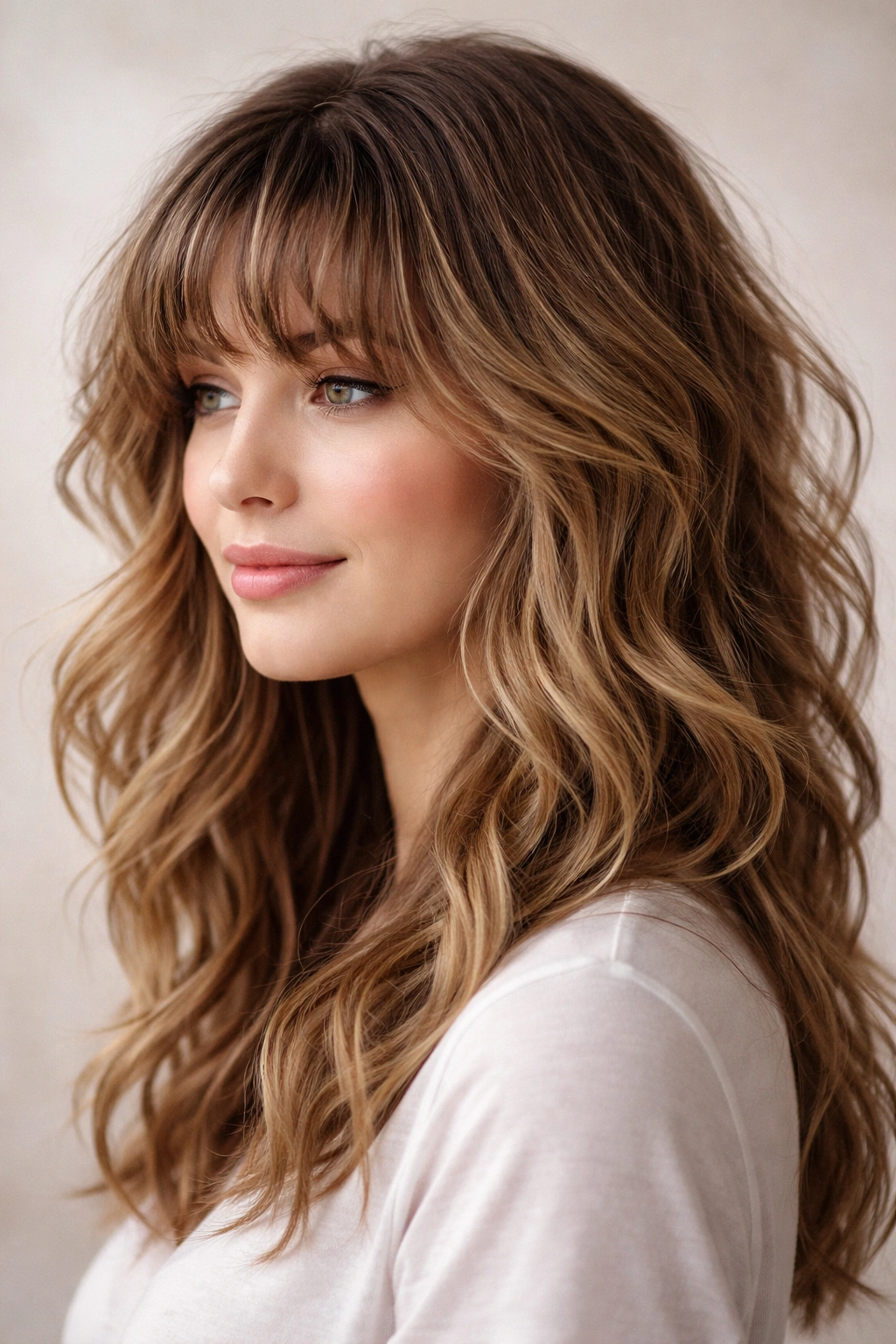 Close-up side profile of fine wavy hair with curled bangs and layered length.