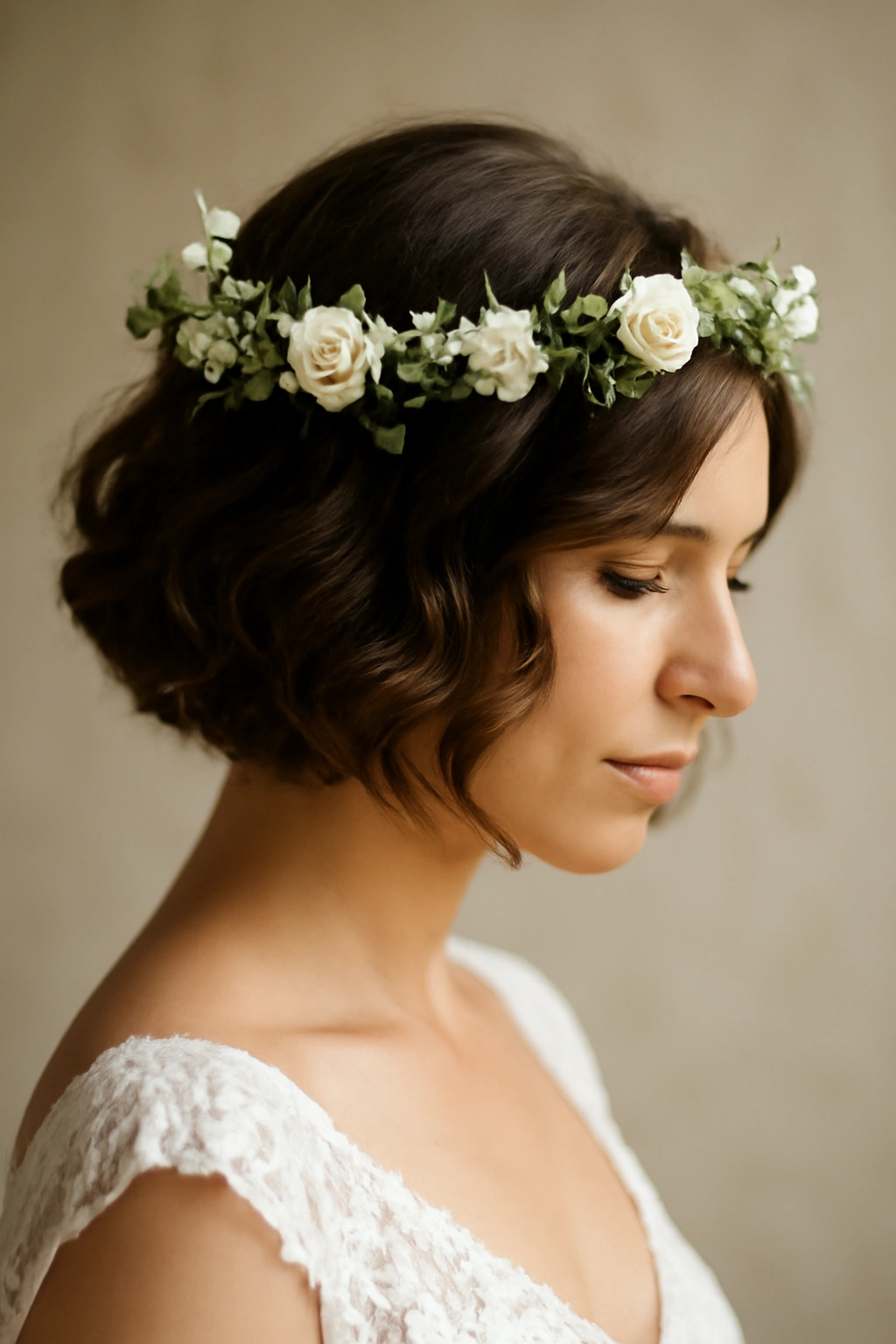 Curled bob hairstyle with a fresh flower crown on a bride.