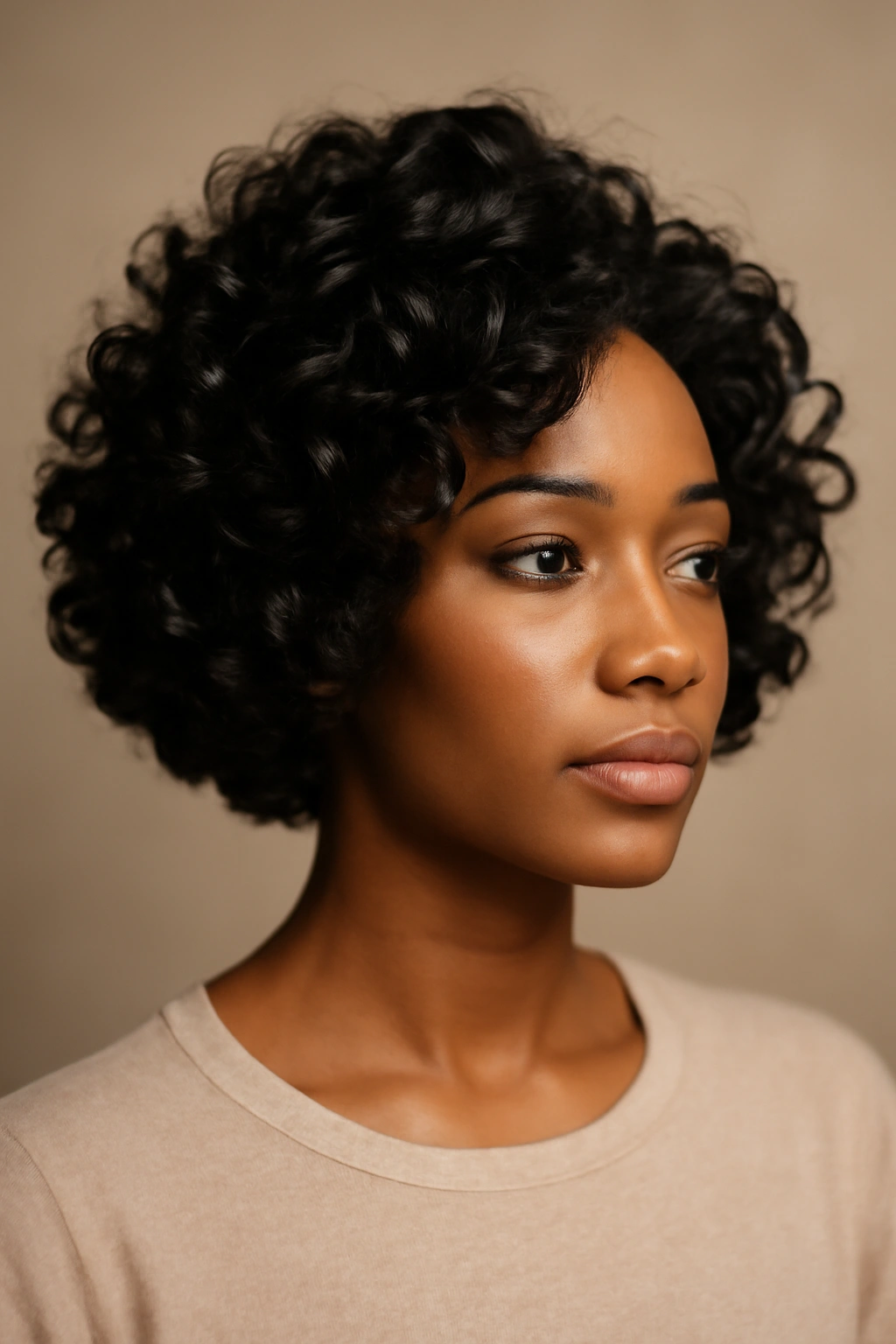 Short voluminous curled bob with defined curls framing the face