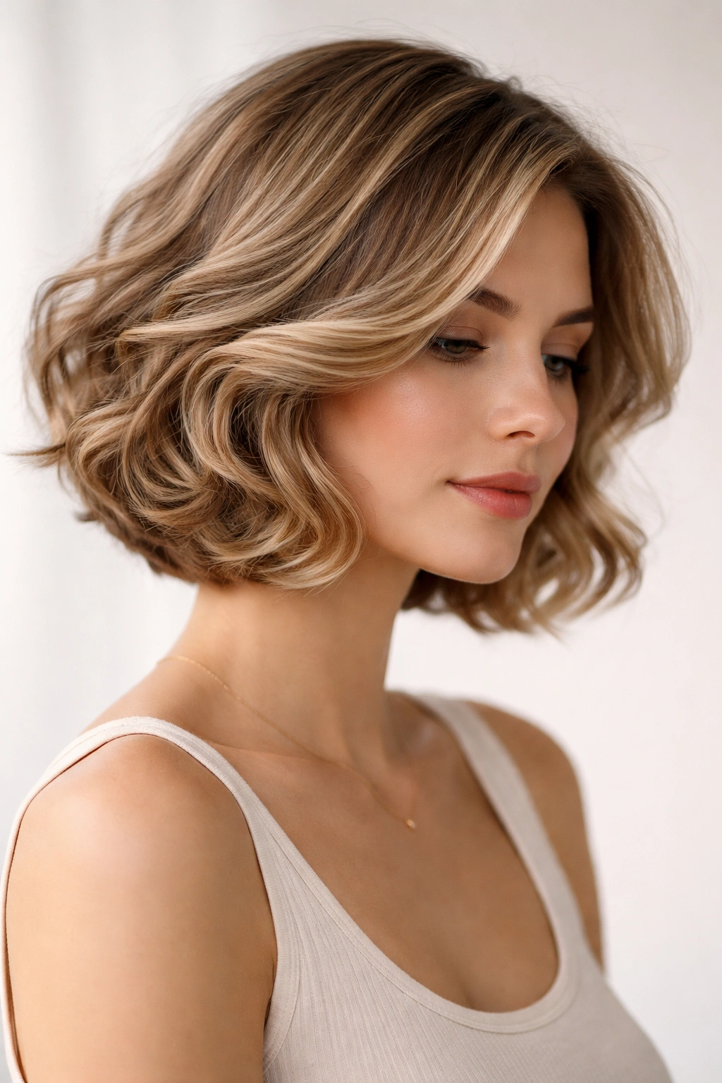 Curled bob with movement featuring soft curls and layered shape.