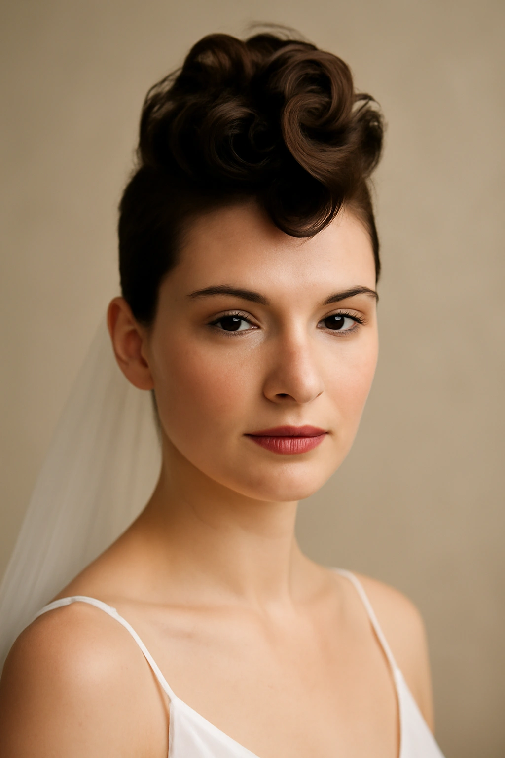 Bridal hairstyle with curled center faux hawk and smooth sides.