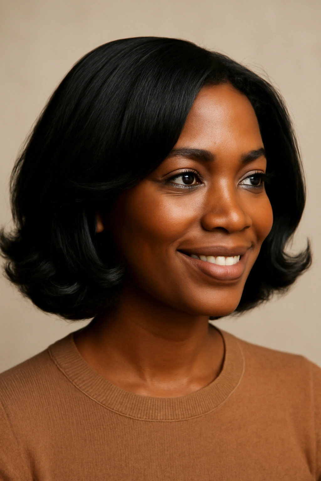 Shoulder-length curled-out ends bob on a Black woman in studio lighting