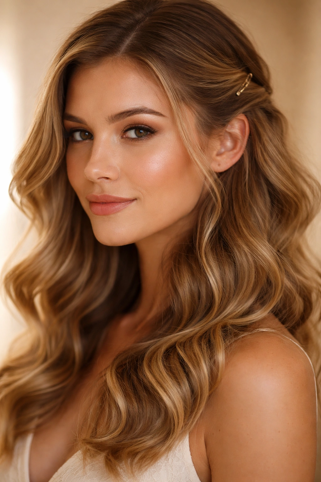 Natural curls with sections pinned back behind the ears