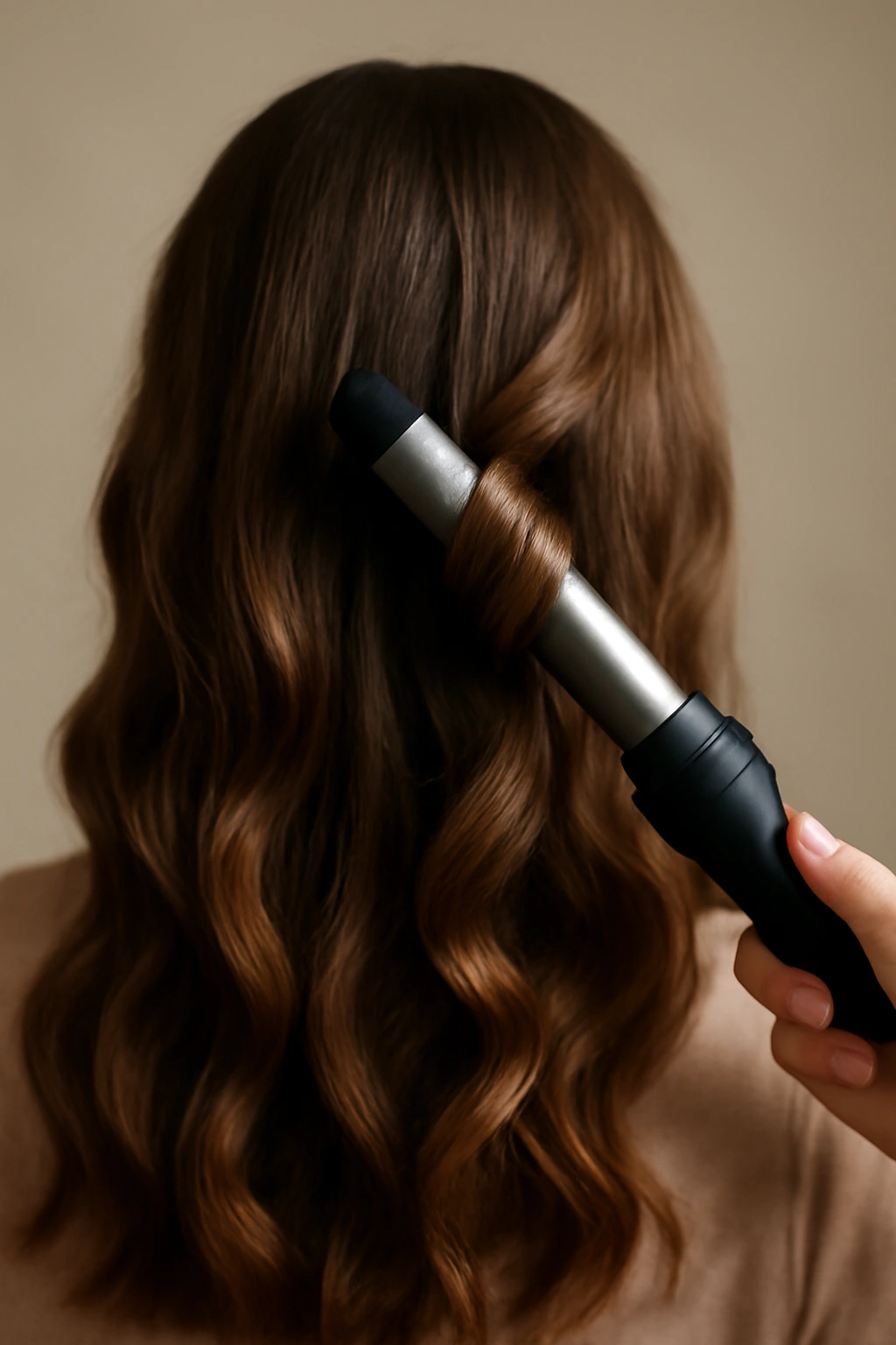 Back view of loose waves formed with curling iron.