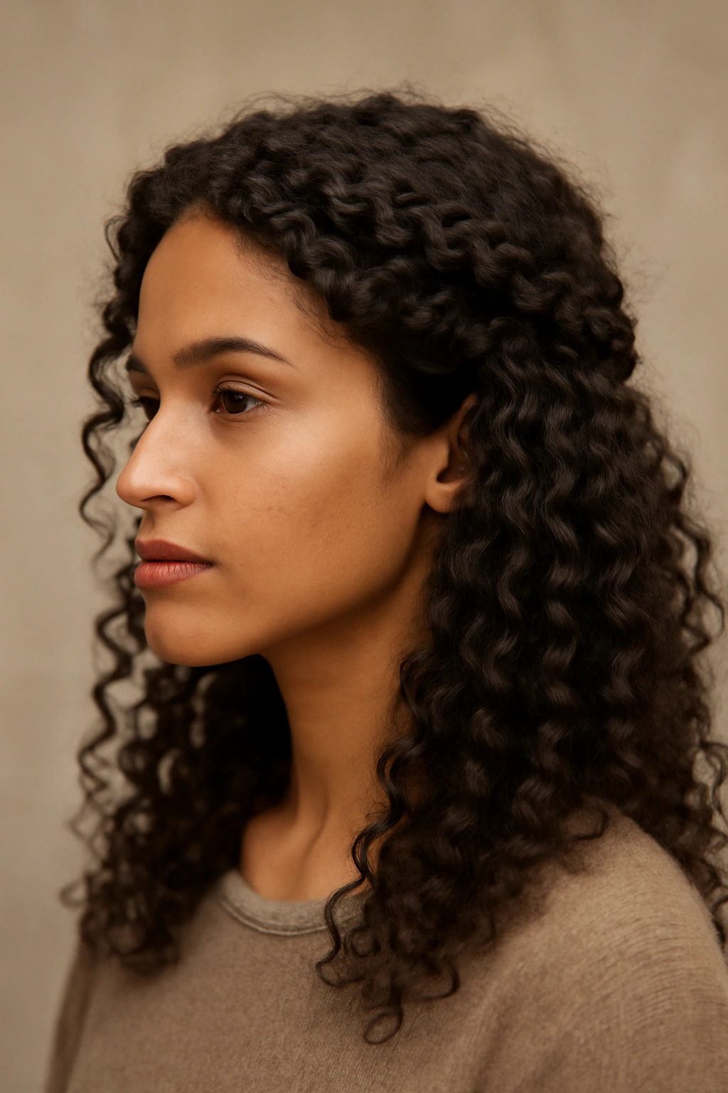 Curls arranged into a textured crown around the head with flowing hair