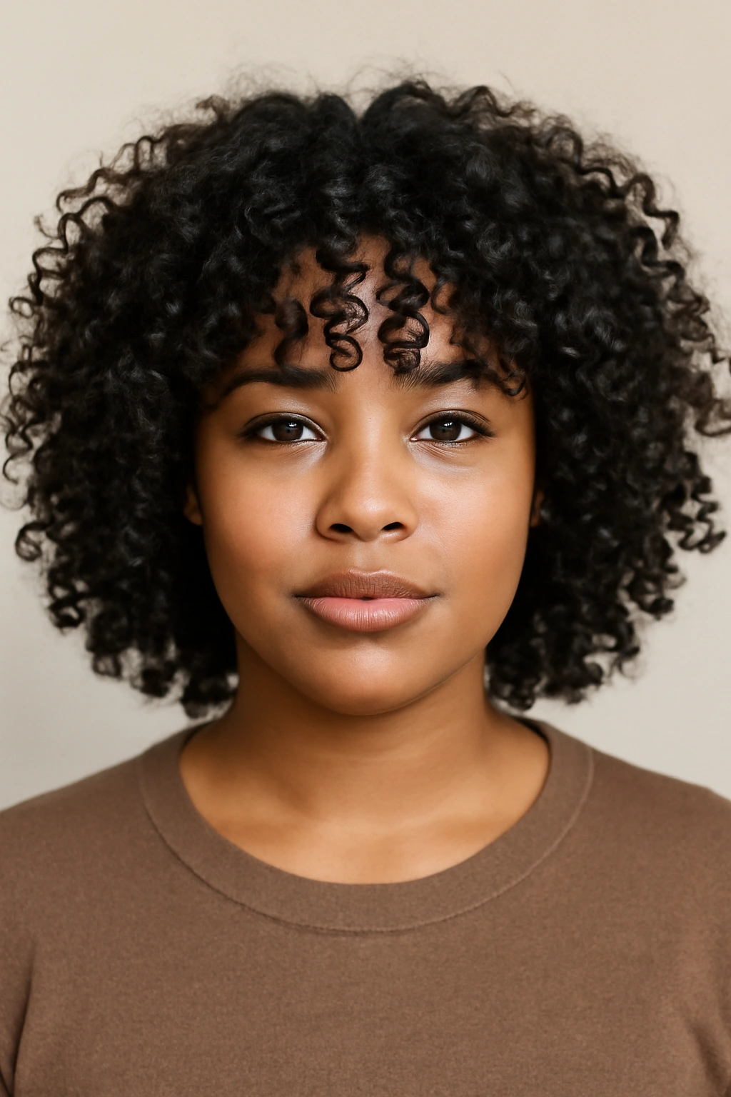 Close-up of curly bangs with defined curls across the forehead