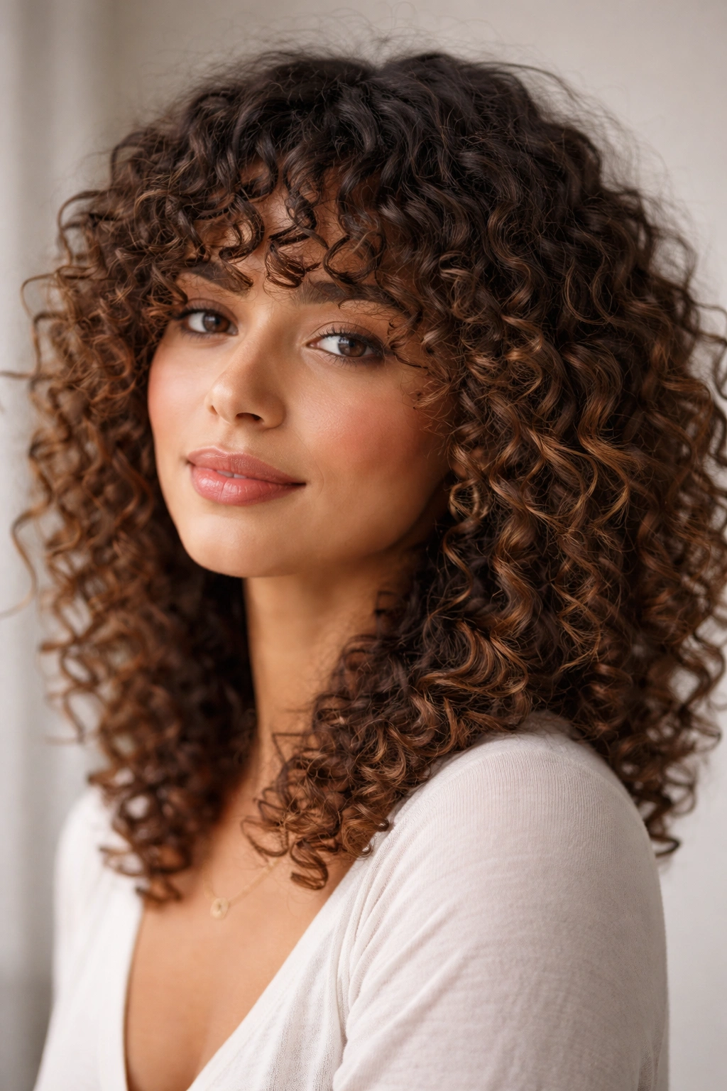 Close-up portrait of a person with curly bangs and defined curls