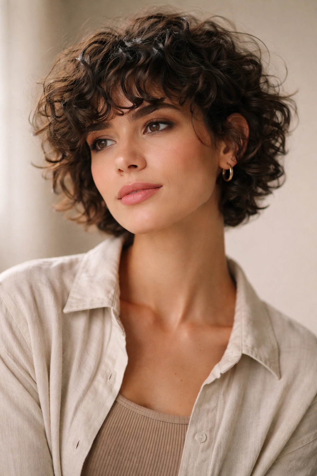 Thoughtful portrait of a person with short curly hair and curly bangs, studio lighting