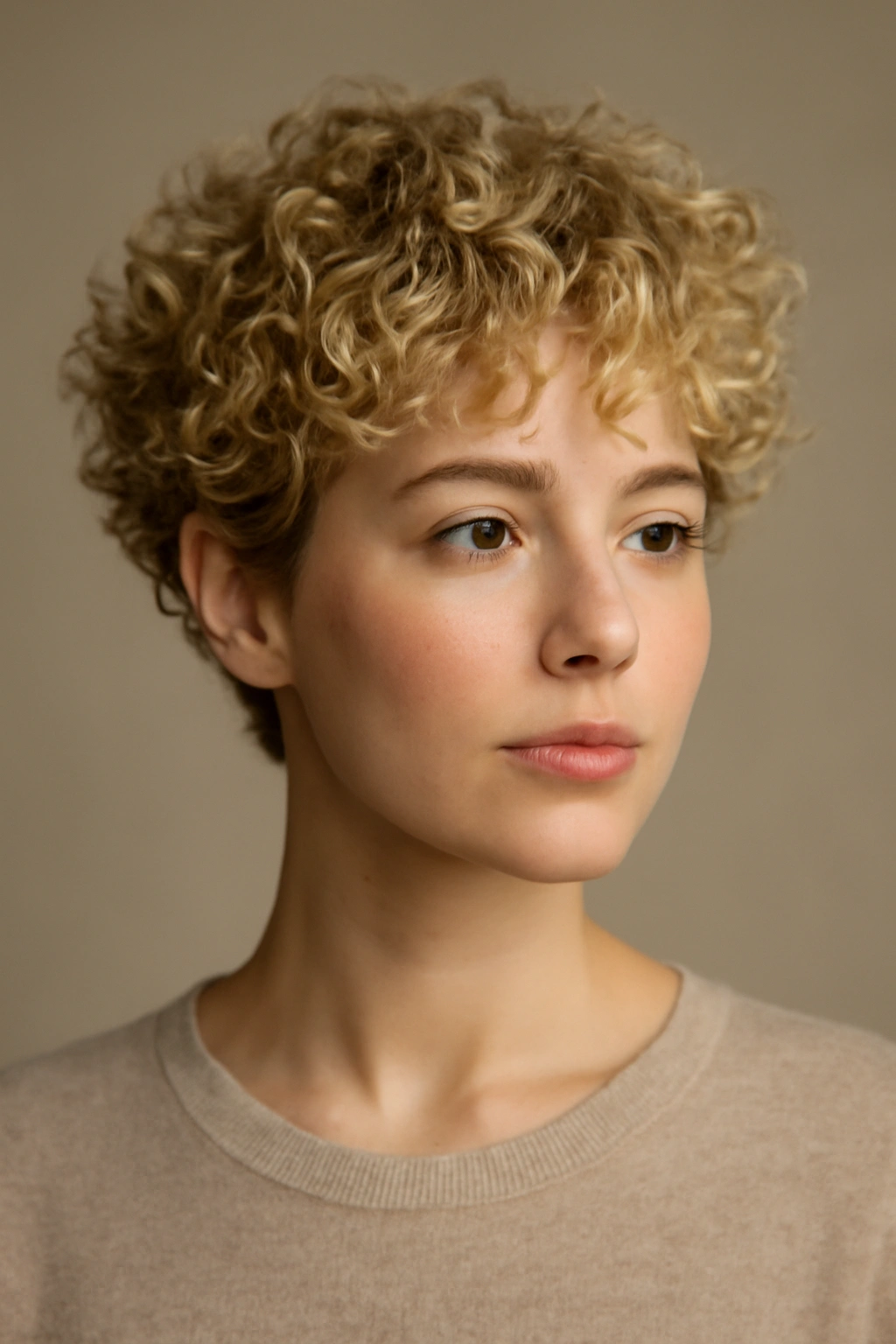 Close-up of a curly blonde crop with defined curls and volume