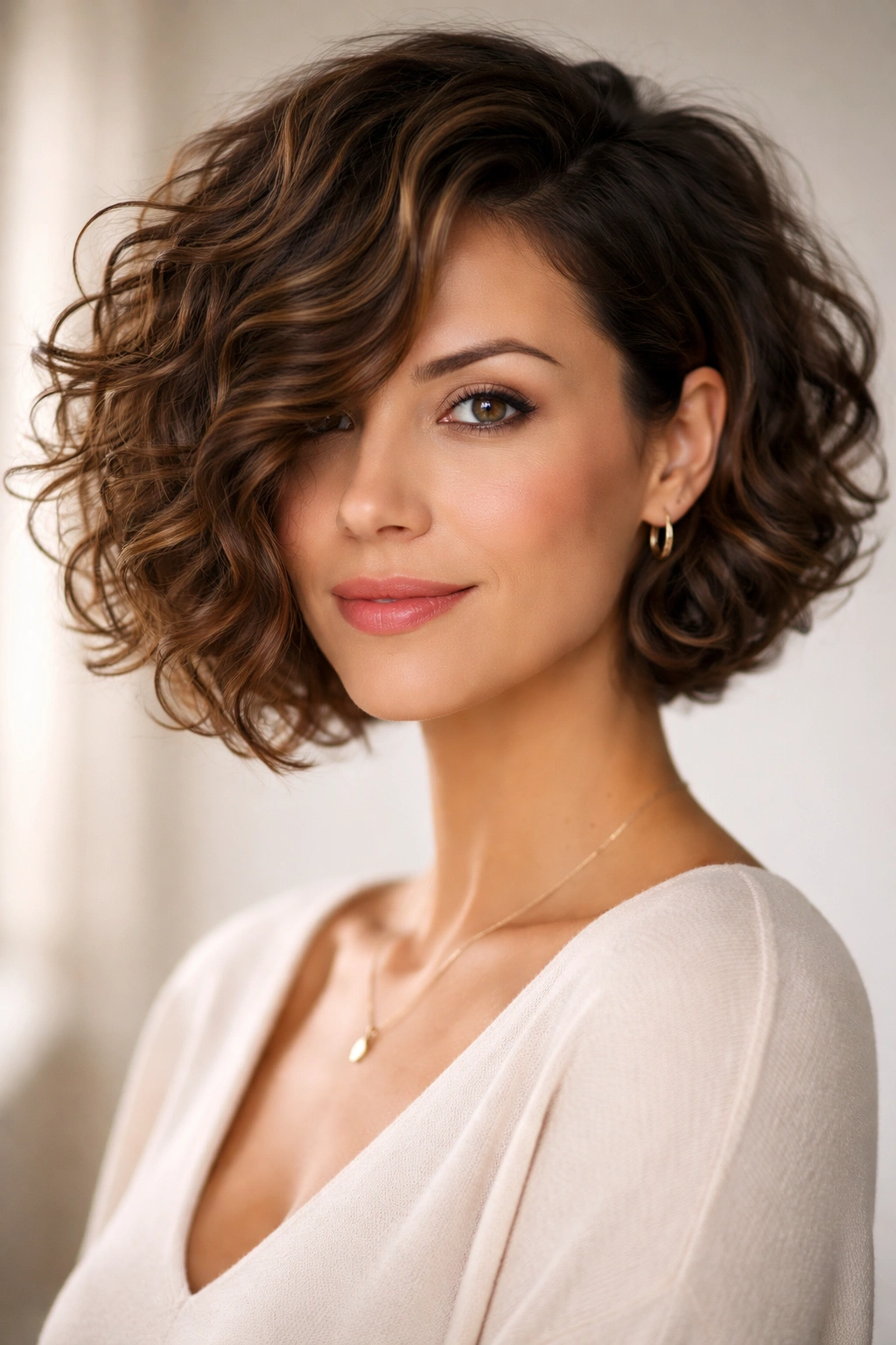 Asymmetrical curly bob with longer side sweeping across face