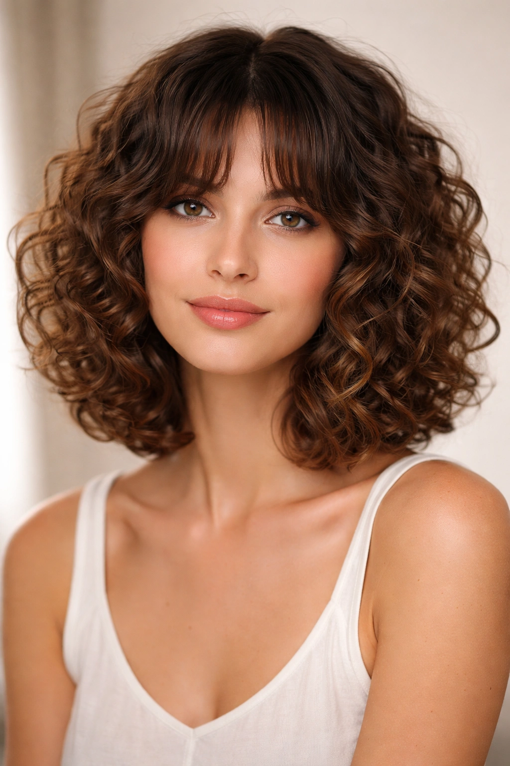 Curly bob with curtain bangs framing the face in studio portrait