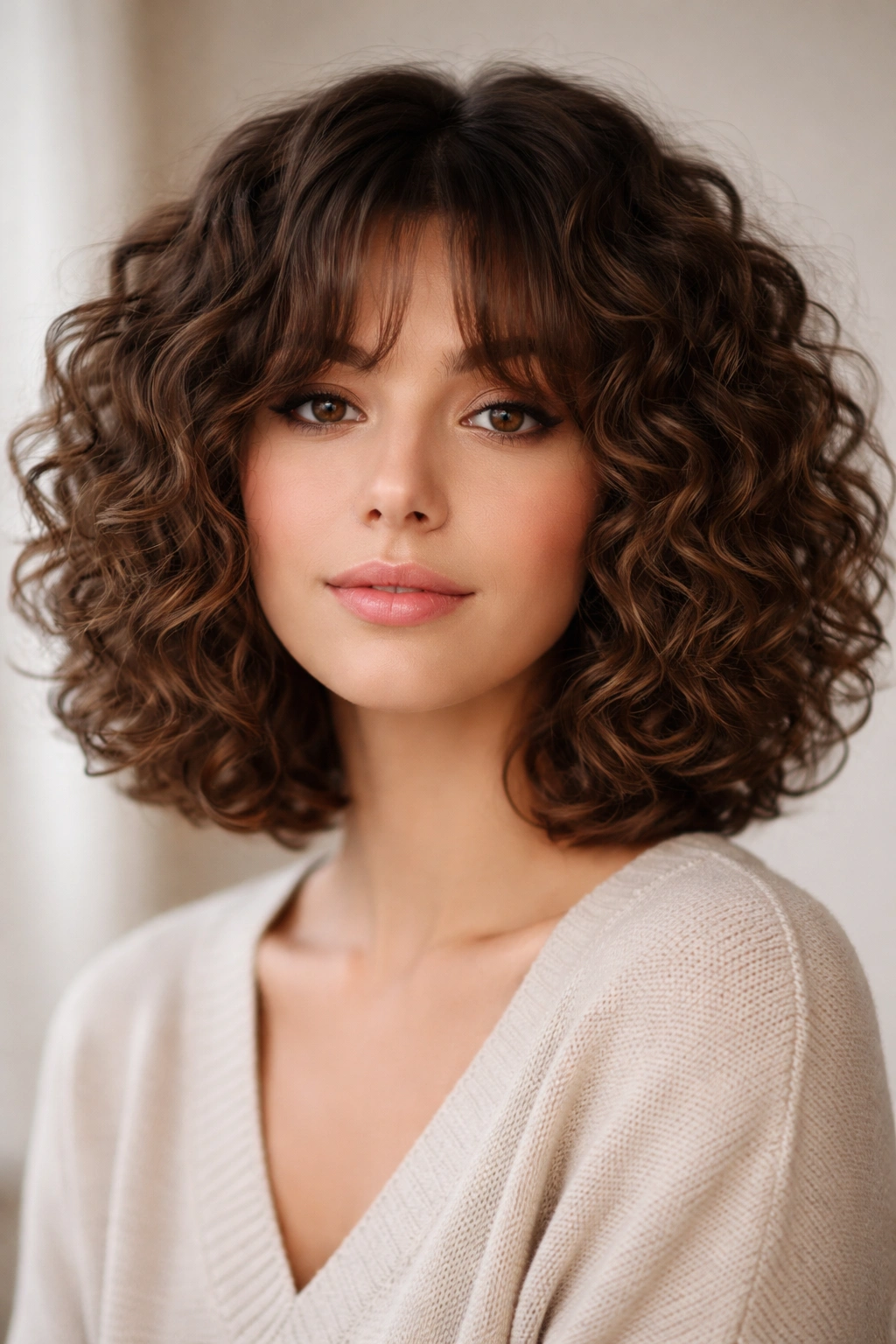 Front view of curly bob with curtain bangs framing the face, defined curls.