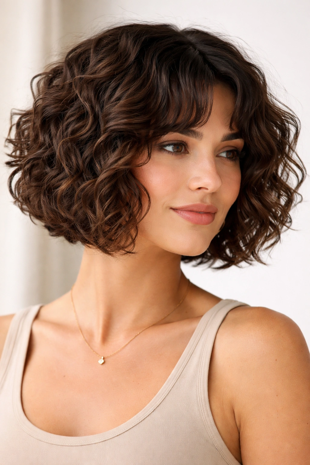Chin-length curly bob with blunt edge and interior choppy layers