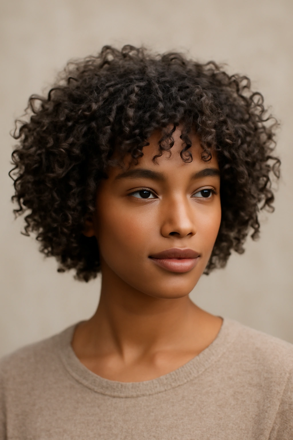 Chin-length curly bob with layered texture and defined curls