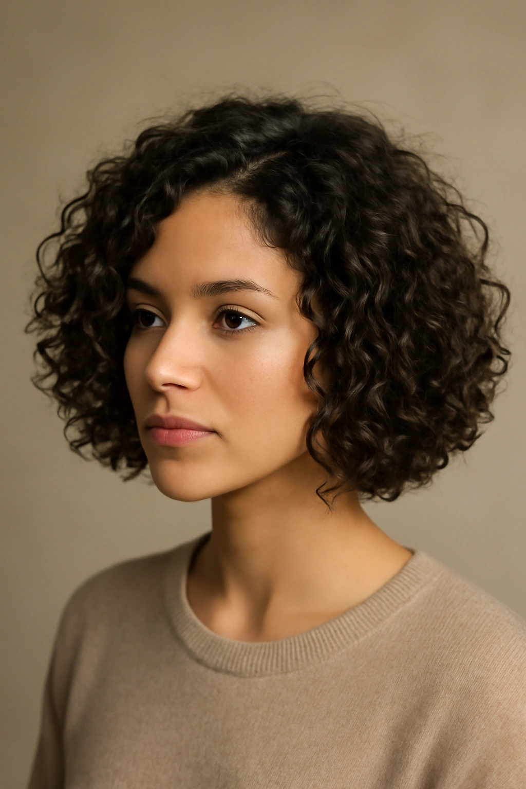 Close-up portrait of a model with a curly bob showcasing defined curls and layered volume
