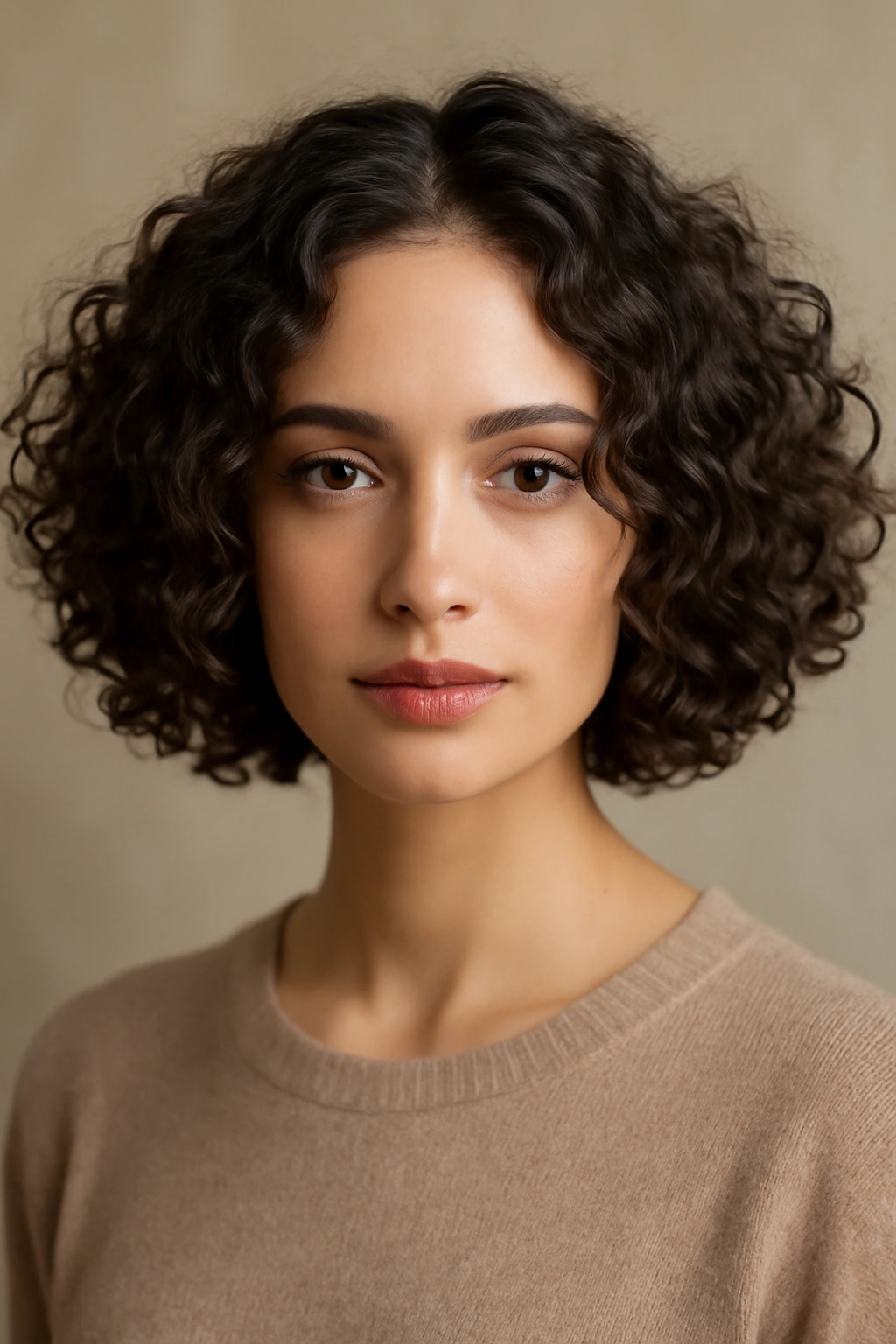 Close-up of a model with a center-parted curly bob and face-framing curtain curls