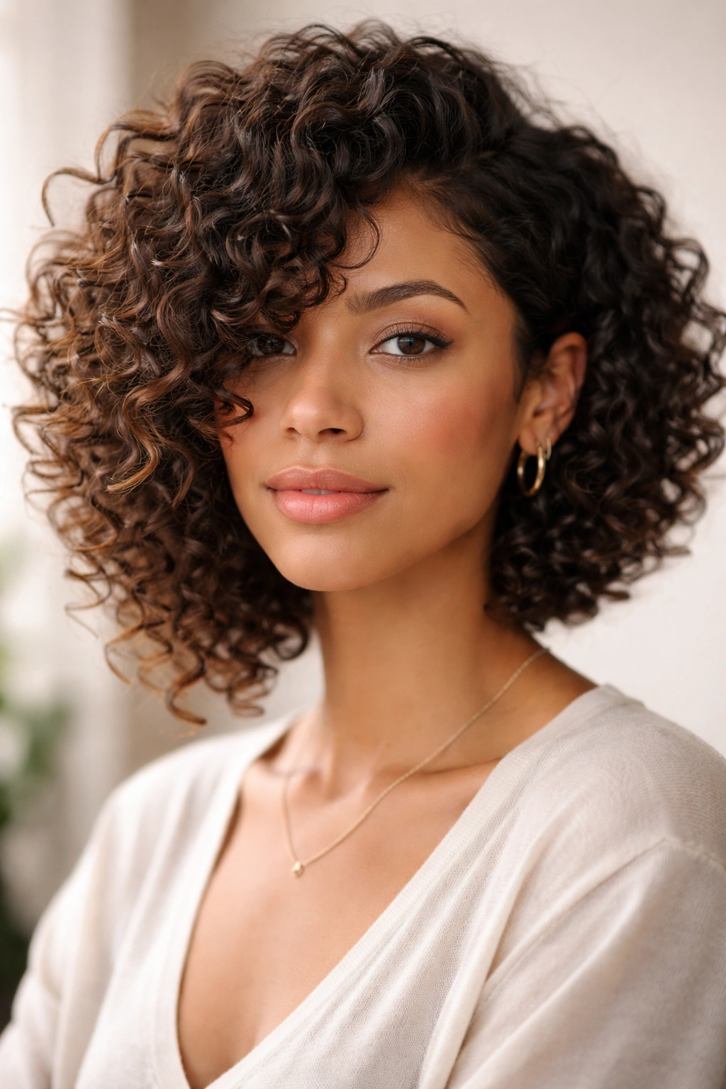 Curly asymmetrical bob showing defined texture and varied length.